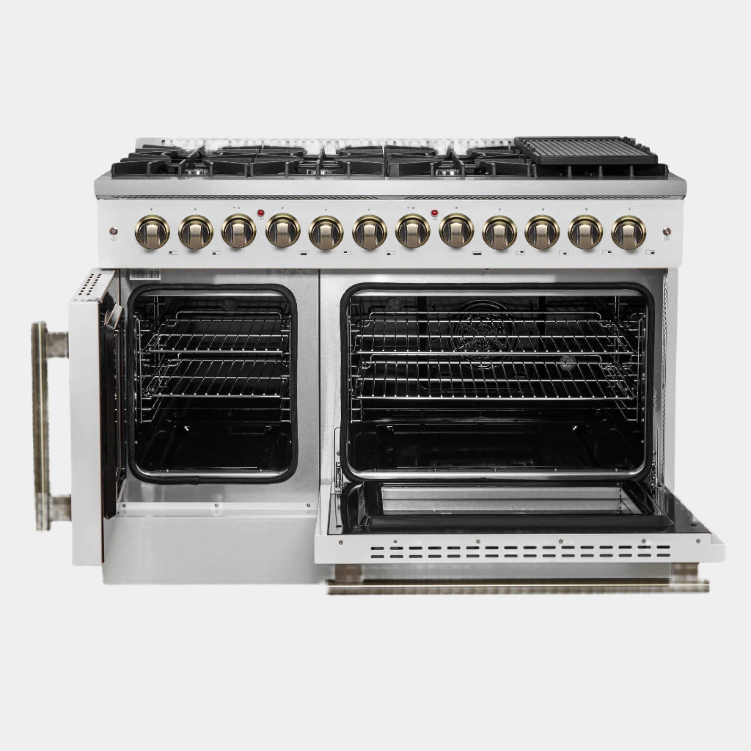 Forno Galiano 48-inch French Door Dual Fuel Range, White & Antique Brass Design, 8 Sealed Burners - 107,000 BTU, Griddle, 6.58 cu.ft. Double Ovens
