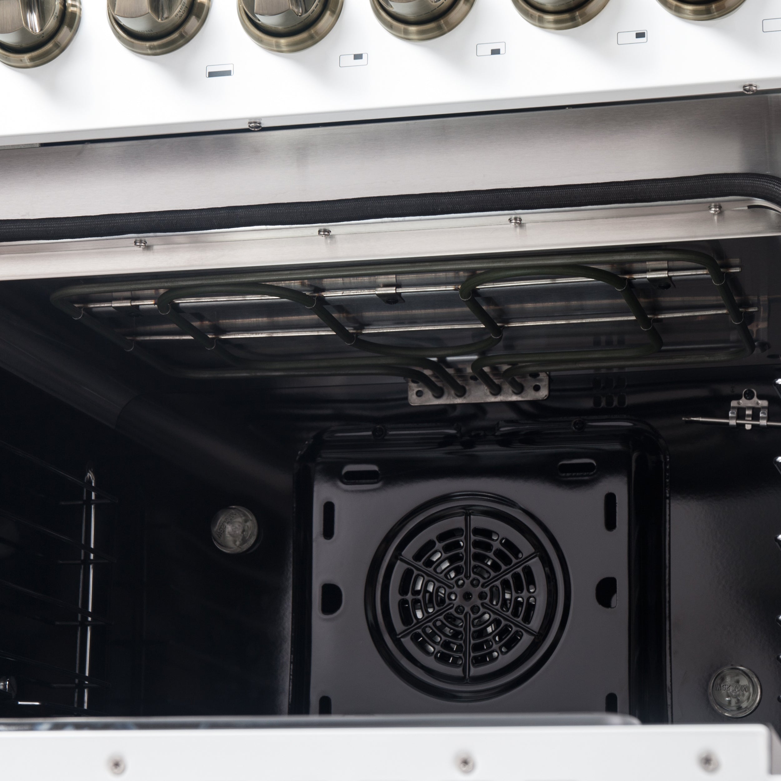 Forno Galiano 48-inch French Door Dual Fuel Range, White & Antique Brass Design, 8 Sealed Burners - 107,000 BTU, Griddle, 6.58 cu.ft. Double Ovens