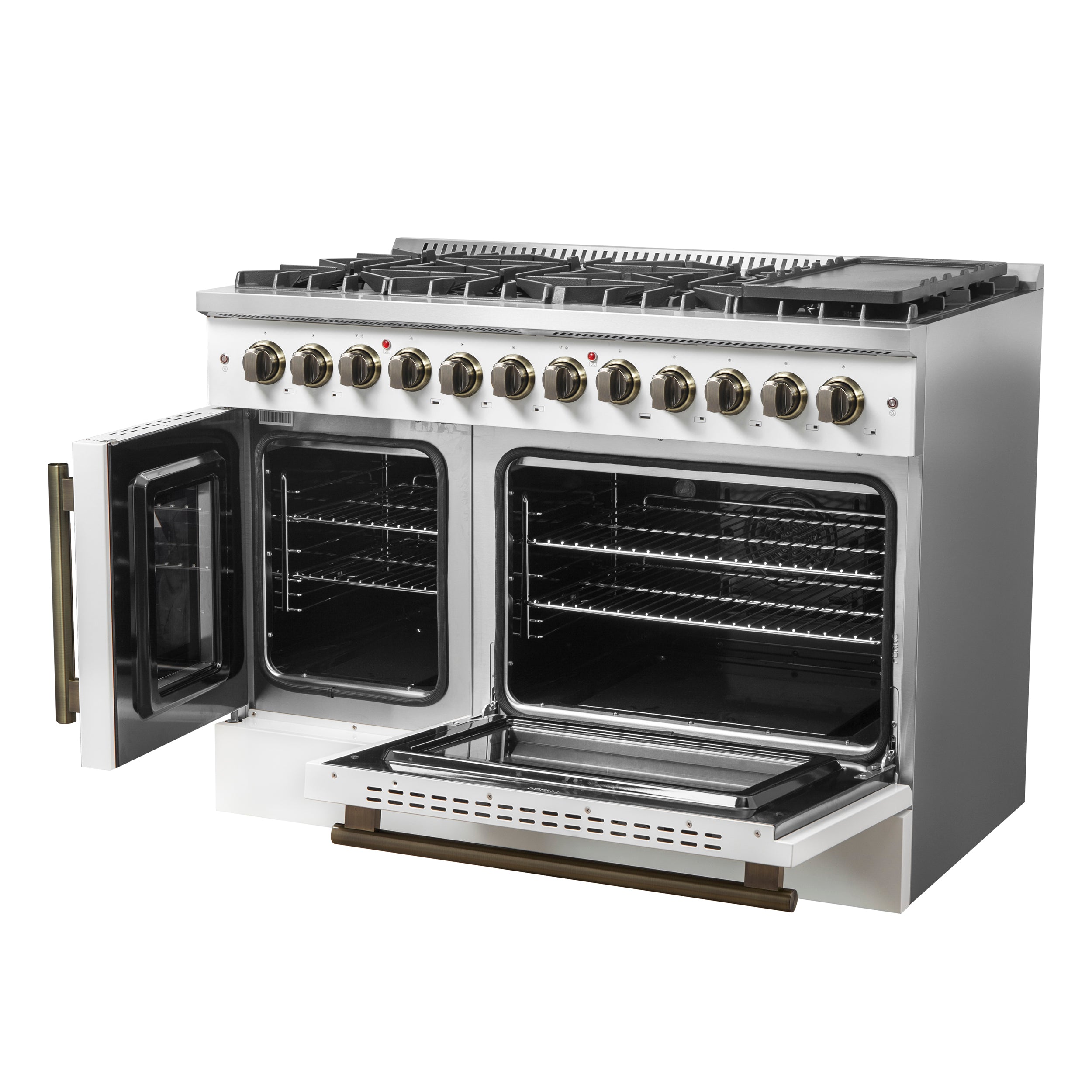 Forno Galiano 48-inch French Door Dual Fuel Range, White & Antique Brass Design, 8 Sealed Burners - 107,000 BTU, Griddle, 6.58 cu.ft. Double Ovens