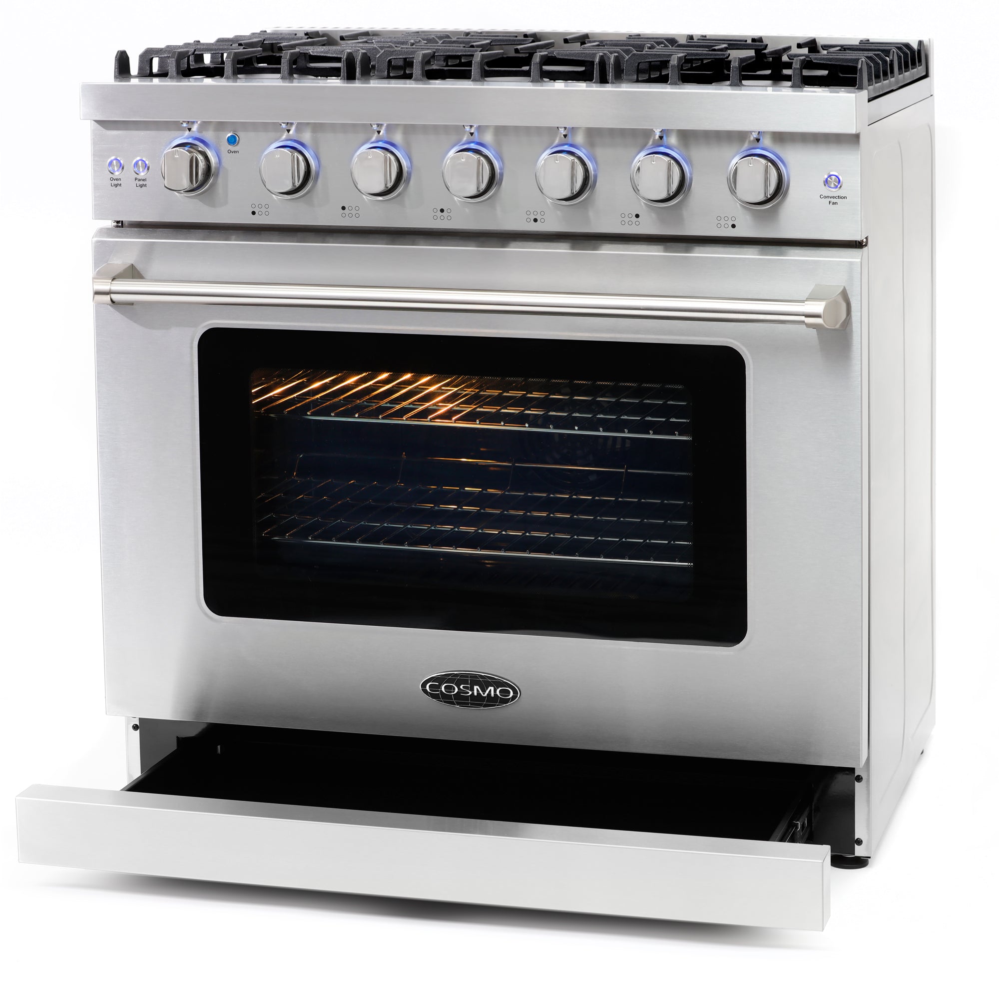 Cosmo Haven 36 in. 6.0 cu. ft. 5-Burner Stainless Steel Gas Range with Knob LEDs and Storage Drawer | COS-EPGR366