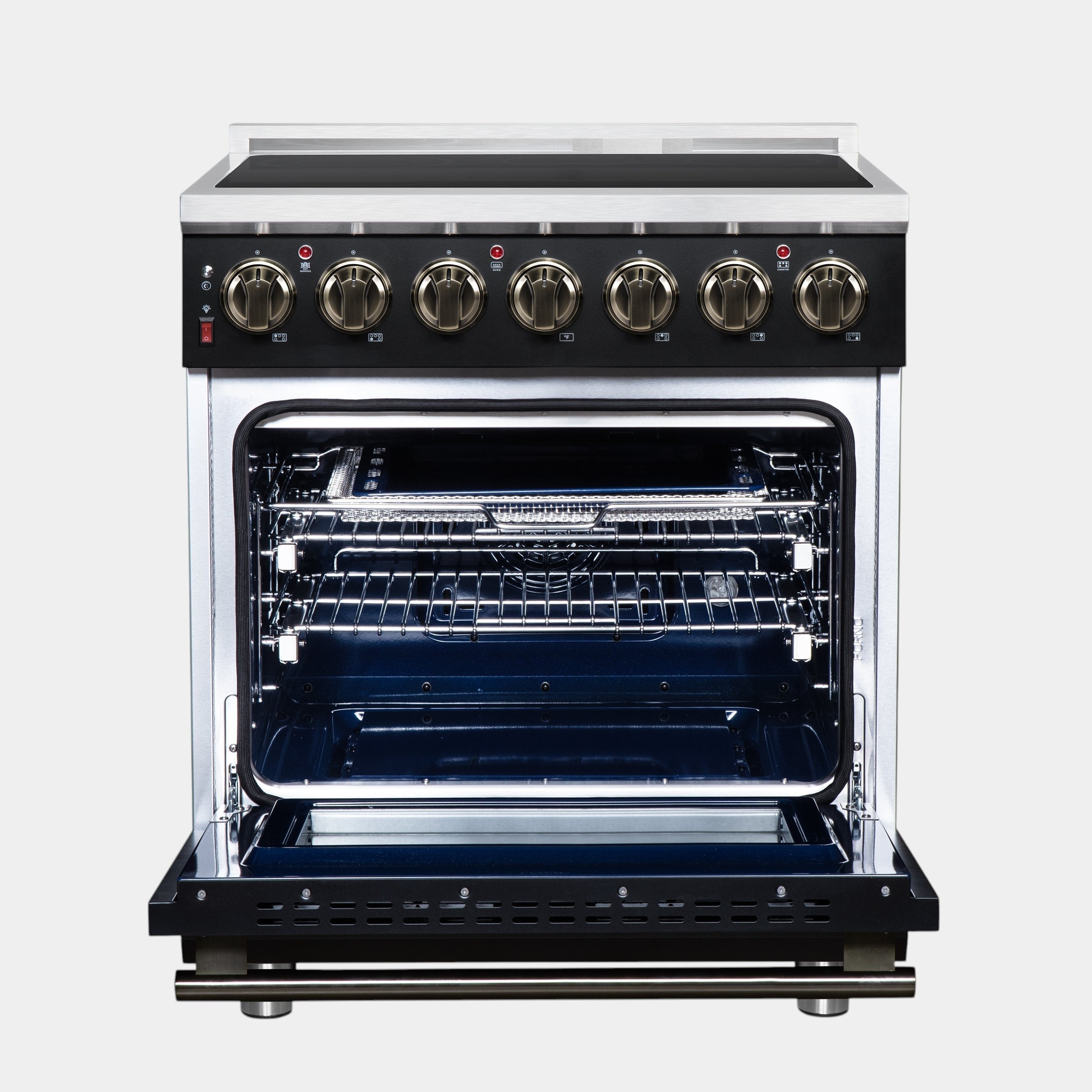 Massimo 30 Inch Freestanding Electric range, 5 radiant burners, 4.32 cf. True Convection oven, Air fryer kit, Black