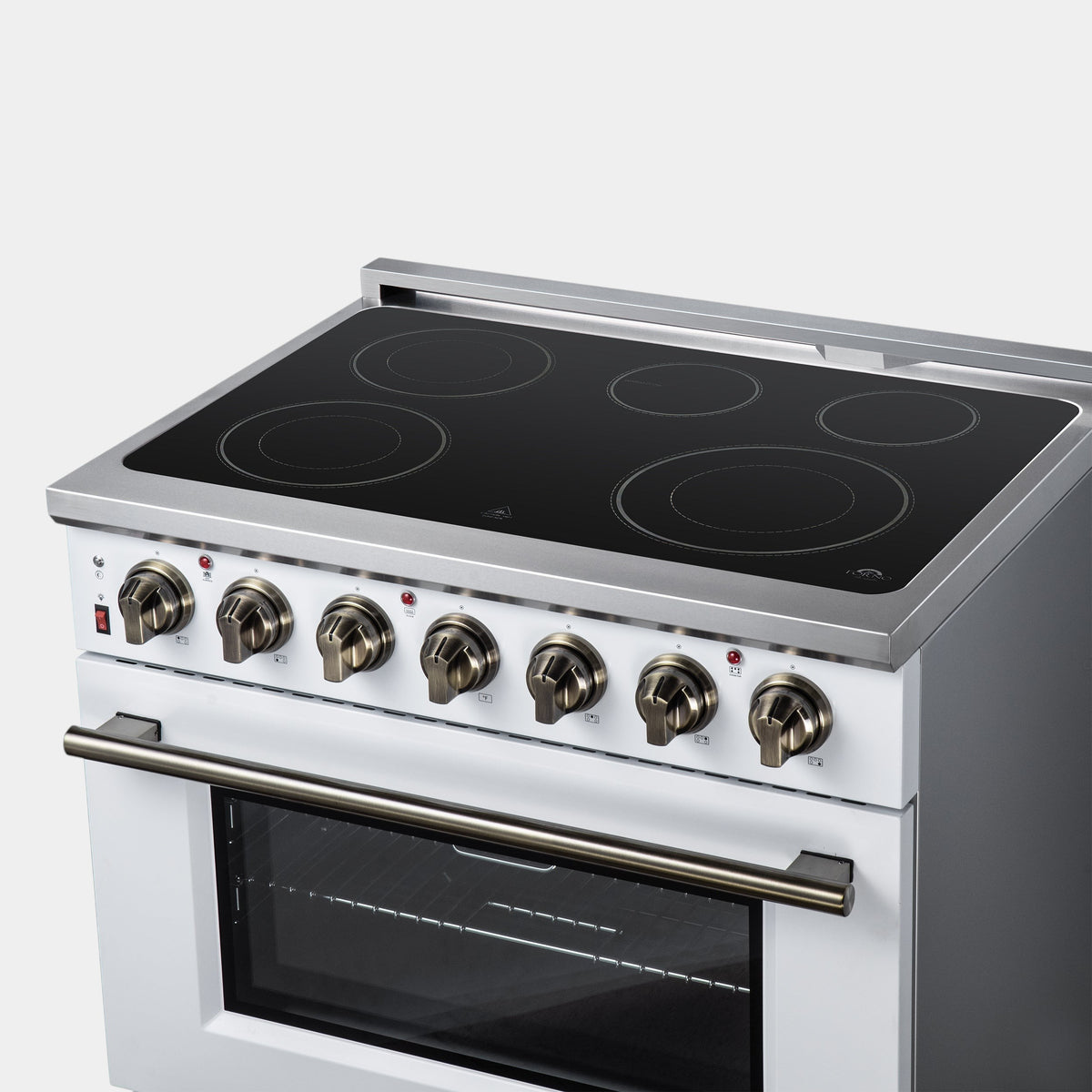 Forno Massimo 36 in. 5.36 cu. ft. White Electric Range with Air Fry and Antique Brass Accents | FFSEL6020-36WHT