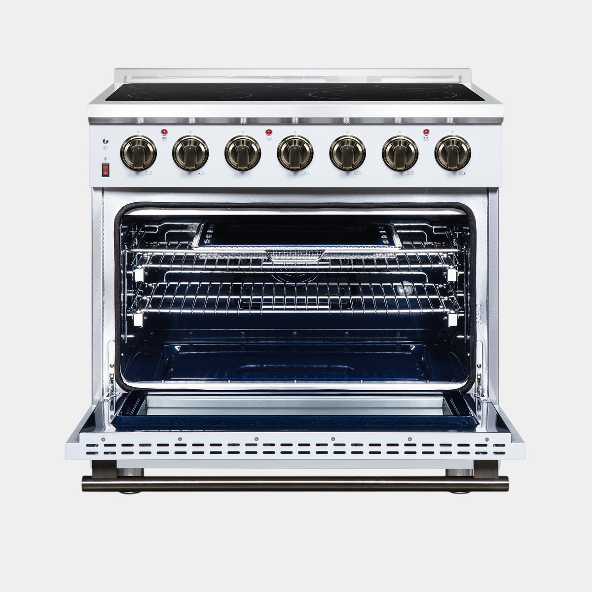 Forno Massimo 36 in. 5.36 cu. ft. White Electric Range with Air Fry and Antique Brass Accents | FFSEL6020-36WHT