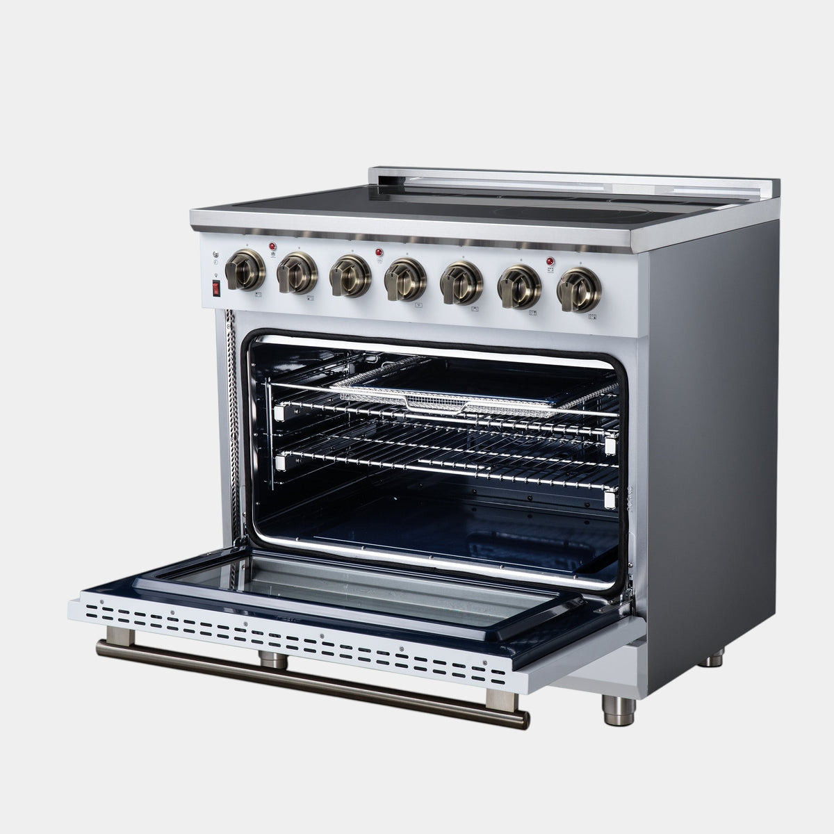 Forno Massimo 36 in. 5.36 cu. ft. White Electric Range with Air Fry and Antique Brass Accents | FFSEL6020-36WHT