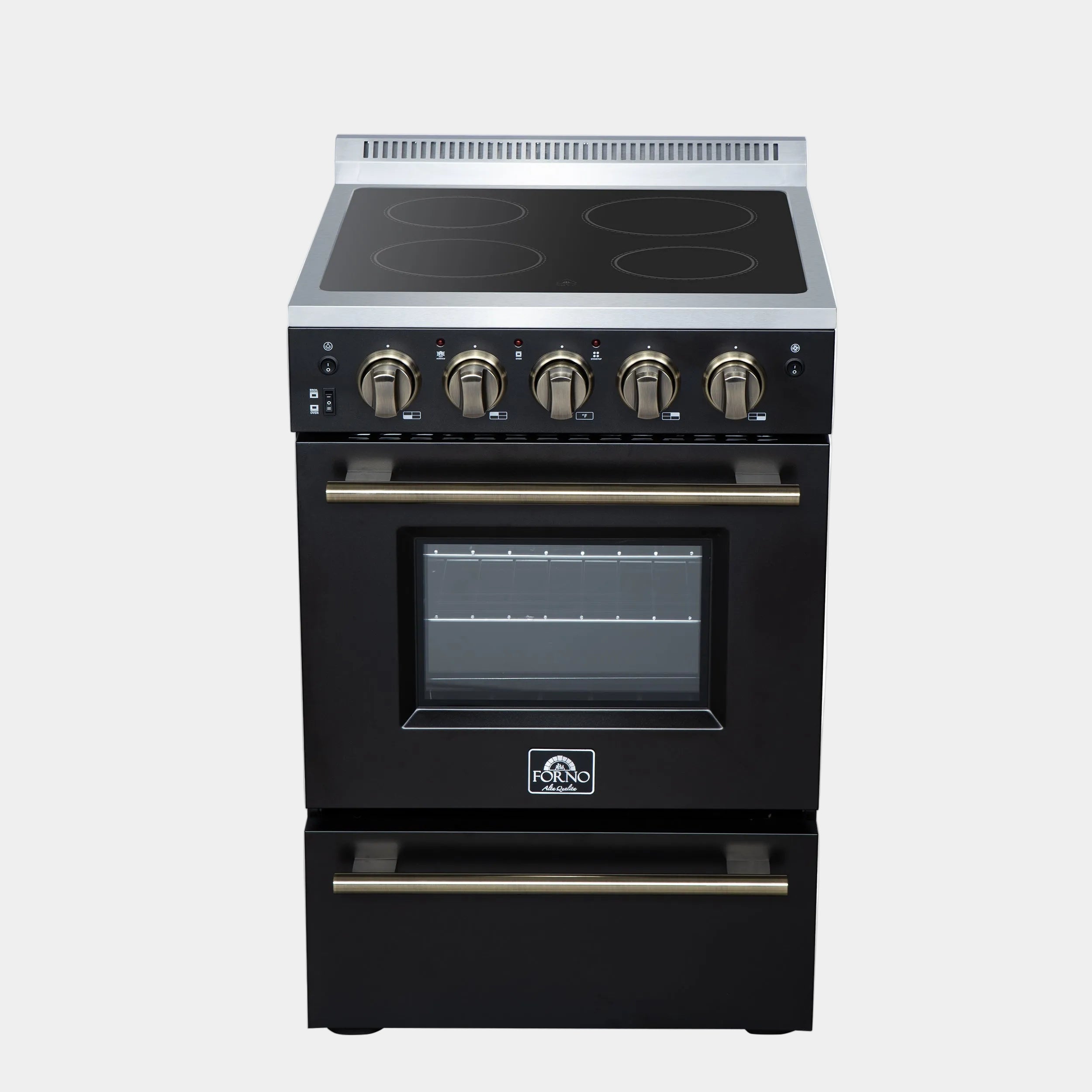 Forno Loiano 24 in. 2.3 cu.ft. Black Electric Range with 4 Burners, Air Fry Kit, Storage Drawer and Antique Brass Accents | FFSEL6069-24BLK