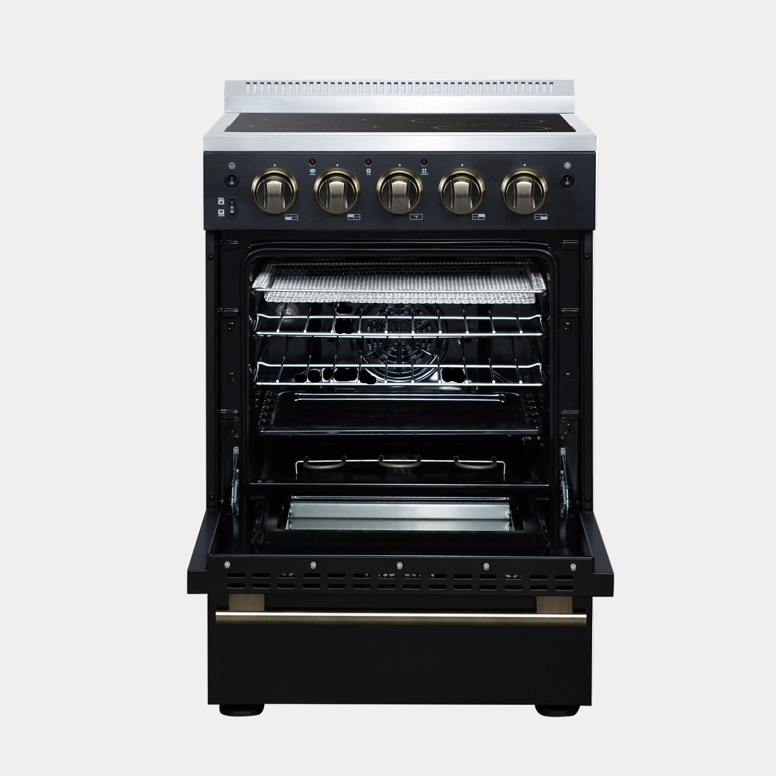Forno Loiano 24 in. 2.3 cu.ft. Black Electric Range with 4 Burners, Air Fry Kit, Storage Drawer and Antique Brass Accents | FFSEL6069-24BLK