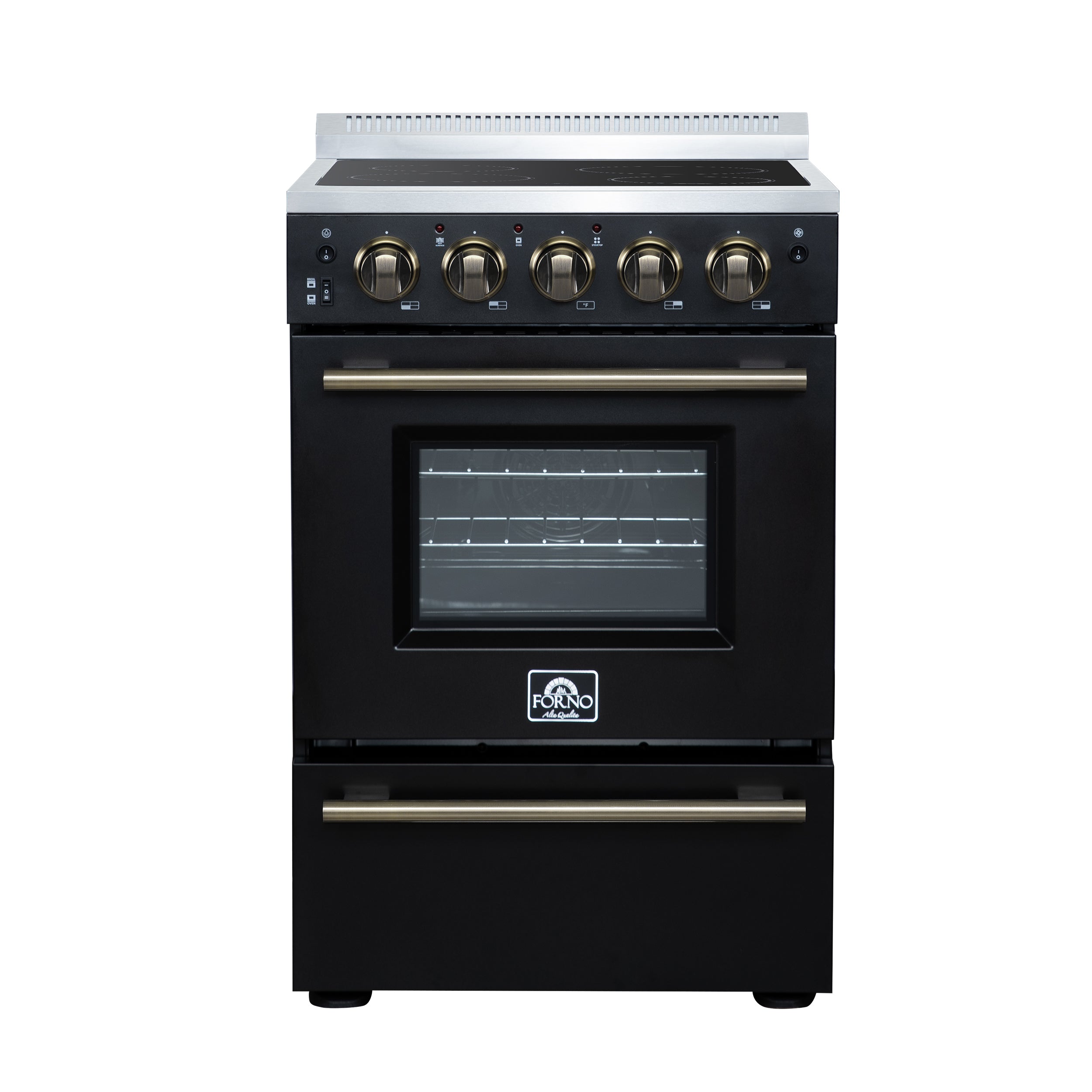 Forno Loiano 24 in. 2.3 cu.ft. Black Electric Range with 4 Burners, Air Fry Kit, Storage Drawer and Antique Brass Accents | FFSEL6069-24BLK