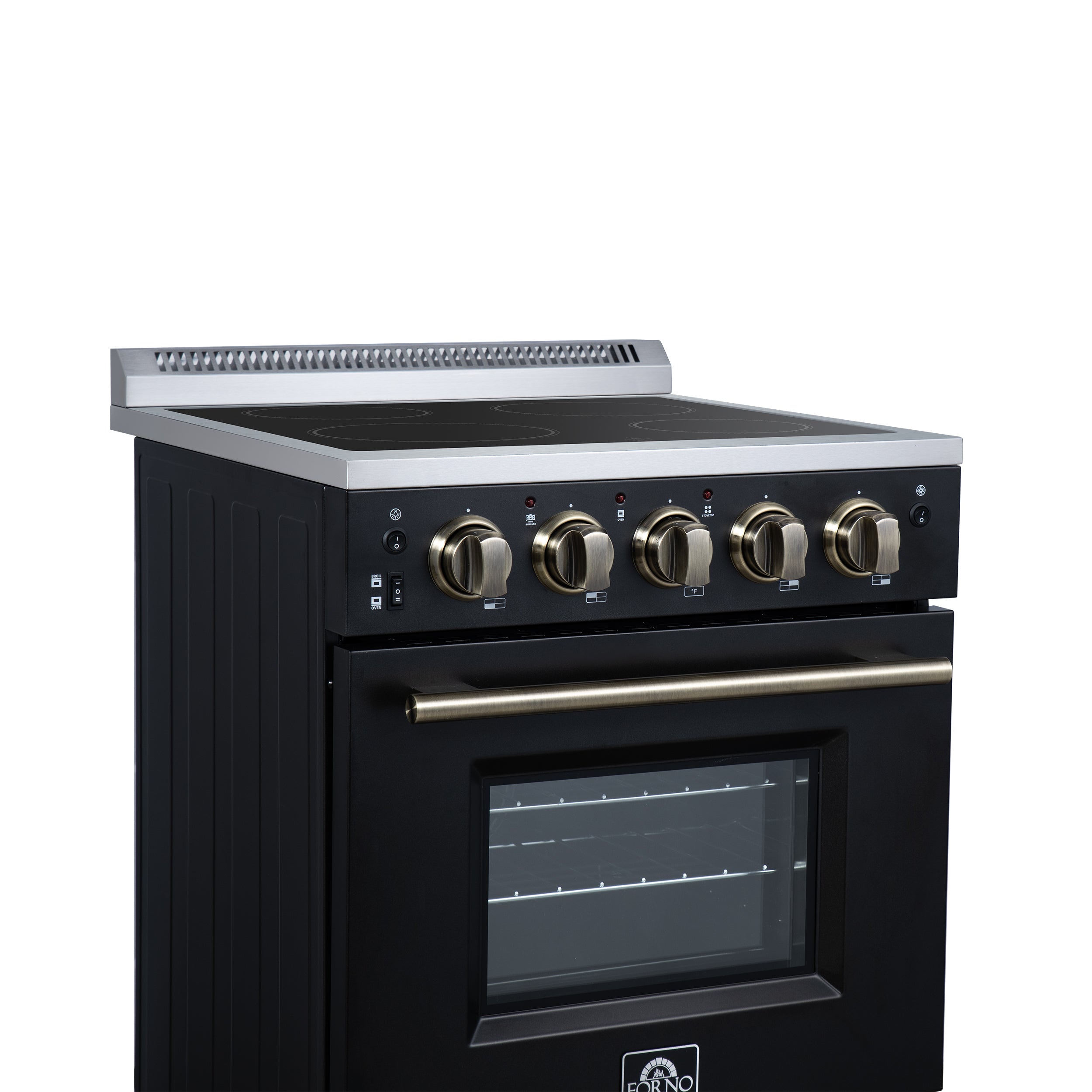 Forno Loiano 24 in. 2.3 cu.ft. Black Electric Range with 4 Burners, Air Fry Kit, Storage Drawer and Antique Brass Accents | FFSEL6069-24BLK