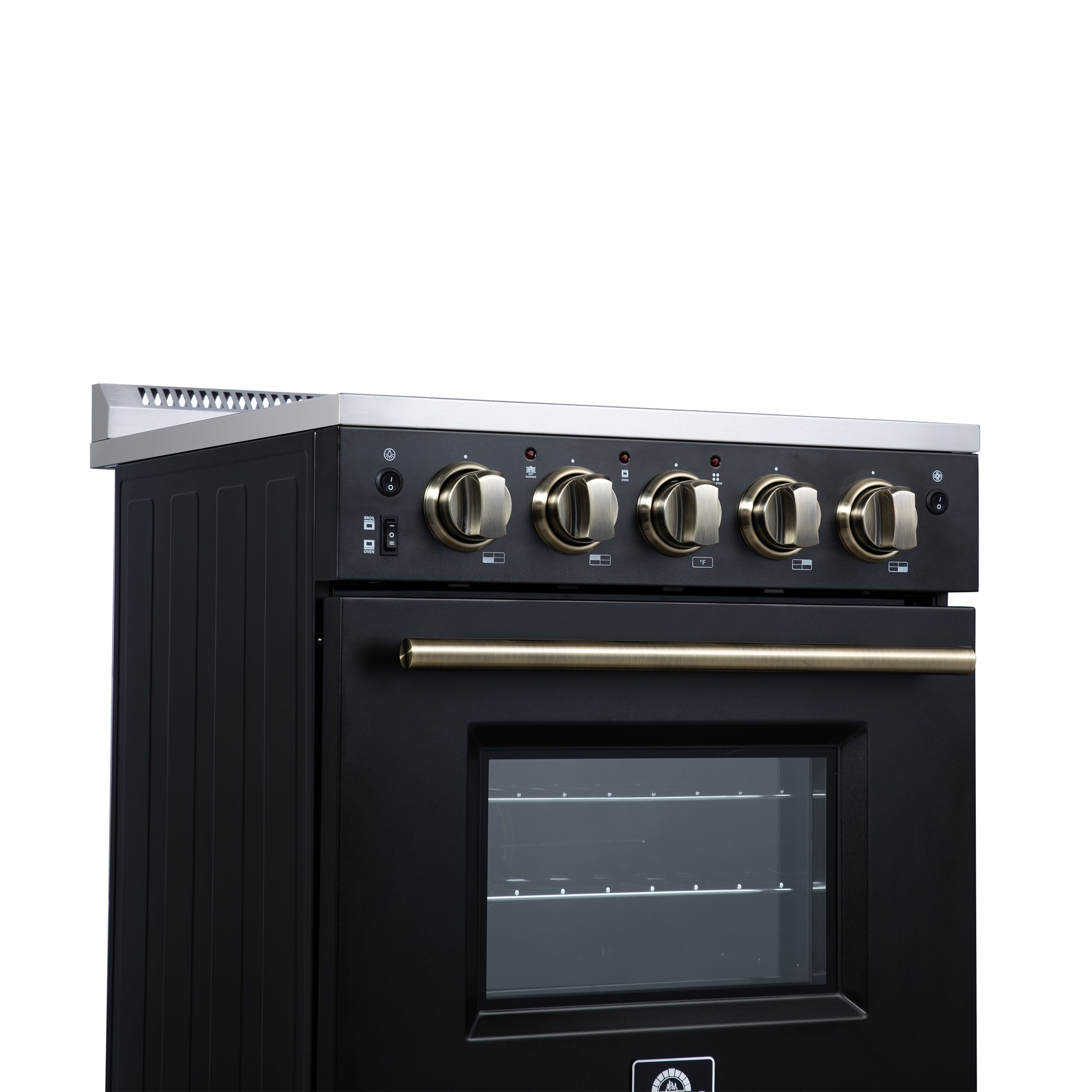 Forno Loiano 24 in. 2.3 cu.ft. Black Electric Range with 4 Burners, Air Fry Kit, Storage Drawer and Antique Brass Accents | FFSEL6069-24BLK