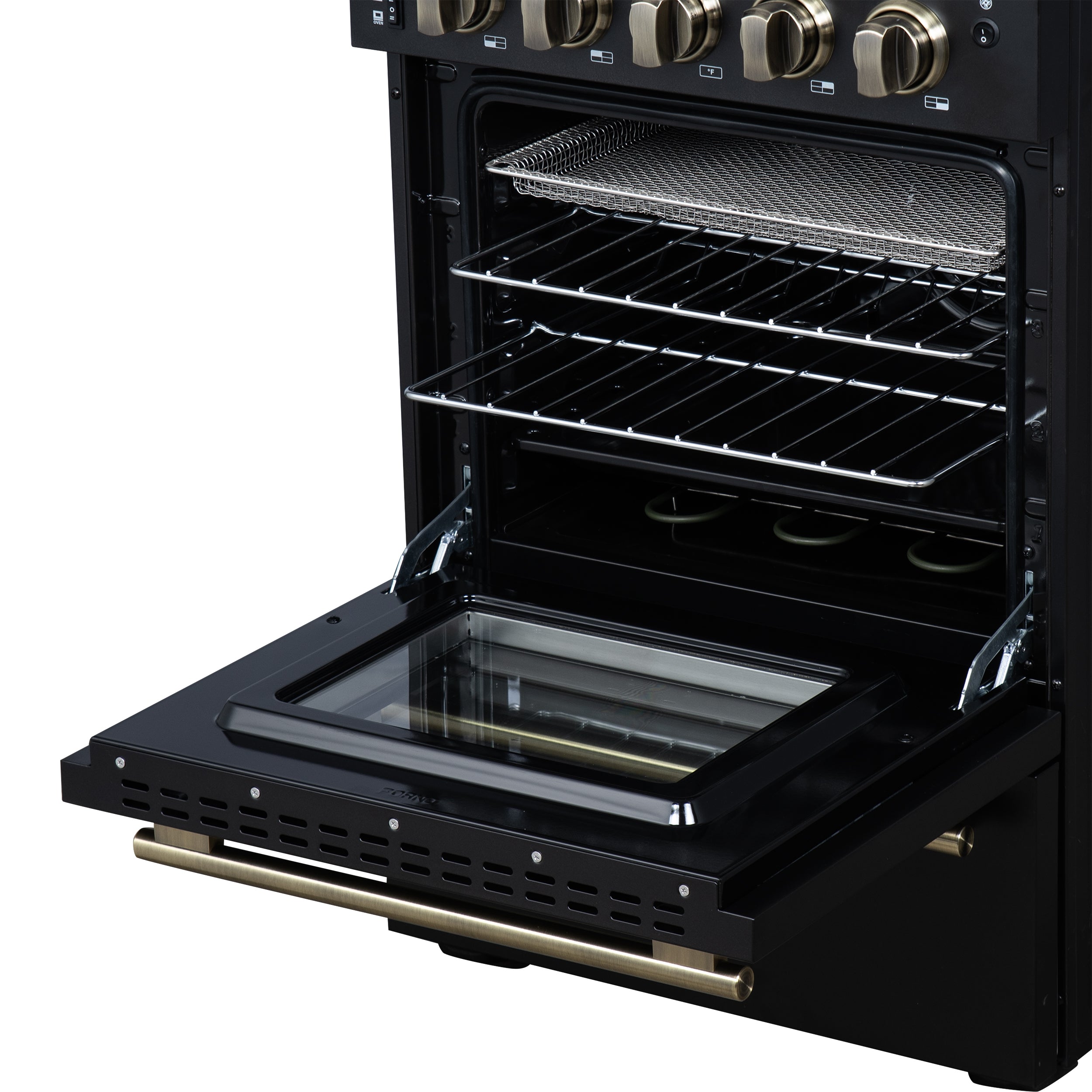 Forno Loiano 24 in. 2.3 cu.ft. Black Electric Range with 4 Burners, Air Fry Kit, Storage Drawer and Antique Brass Accents | FFSEL6069-24BLK