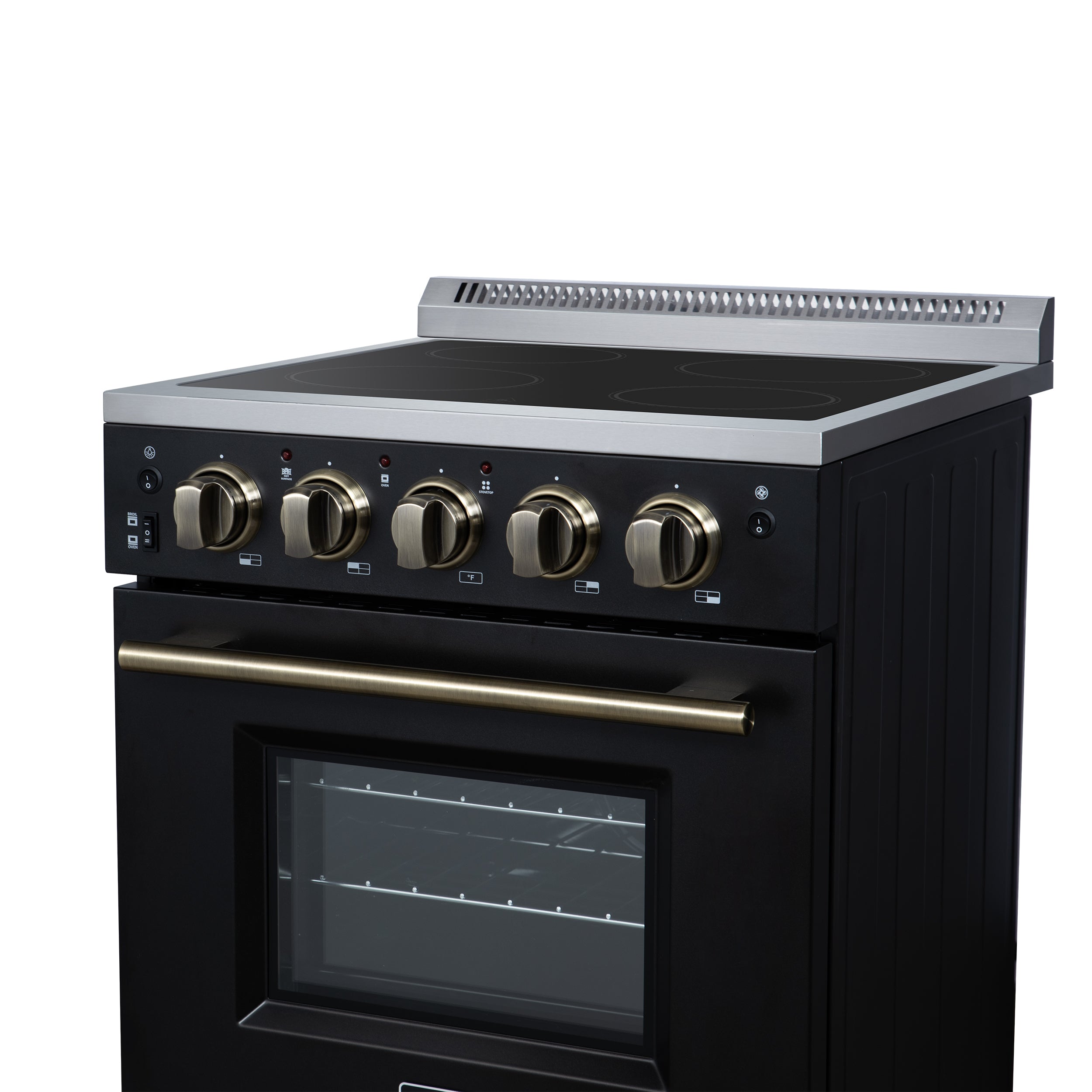 Forno Loiano 24 in. 2.3 cu.ft. Black Electric Range with 4 Burners, Air Fry Kit, Storage Drawer and Antique Brass Accents | FFSEL6069-24BLK