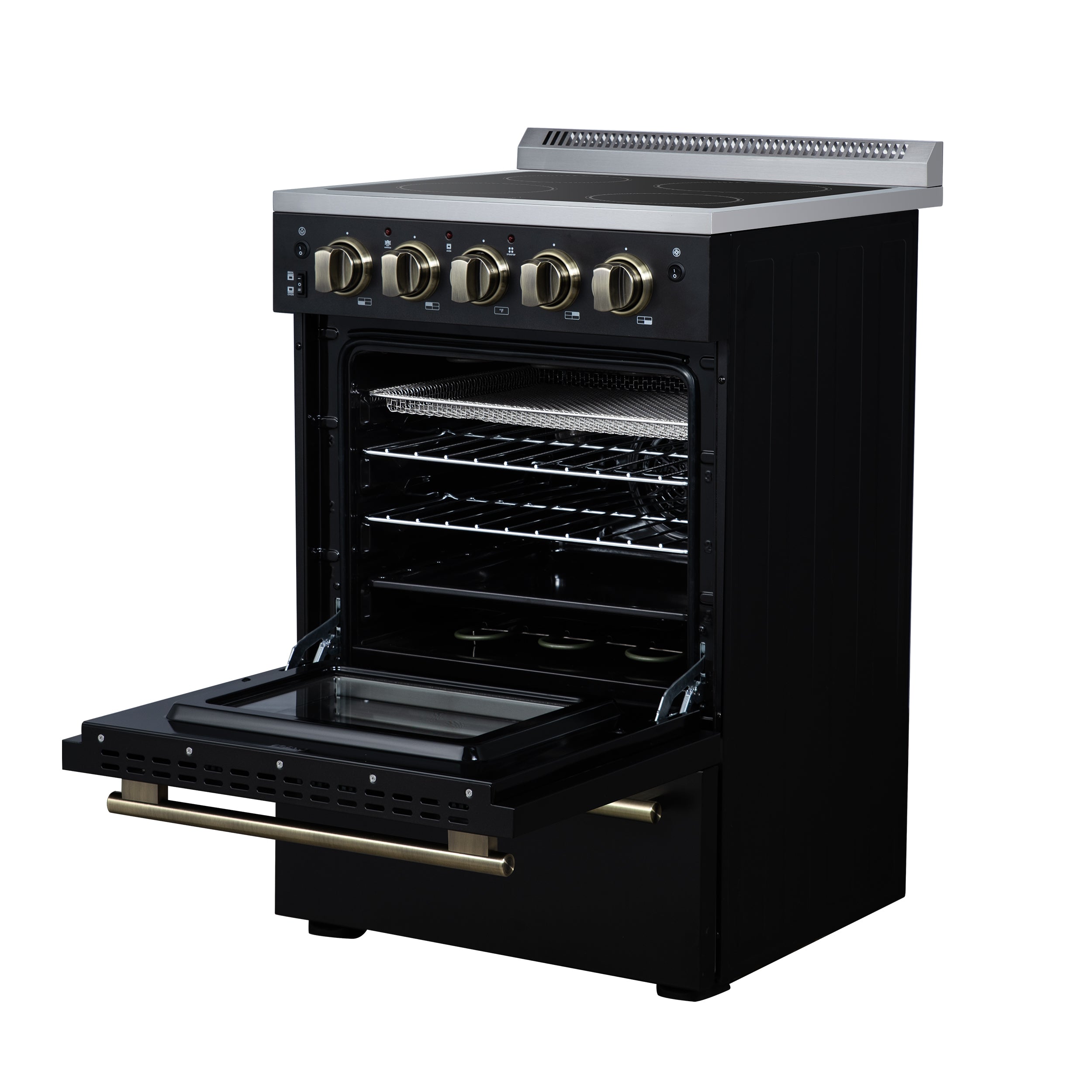 Forno Loiano 24 in. 2.3 cu.ft. Black Electric Range with 4 Burners, Air Fry Kit, Storage Drawer and Antique Brass Accents | FFSEL6069-24BLK