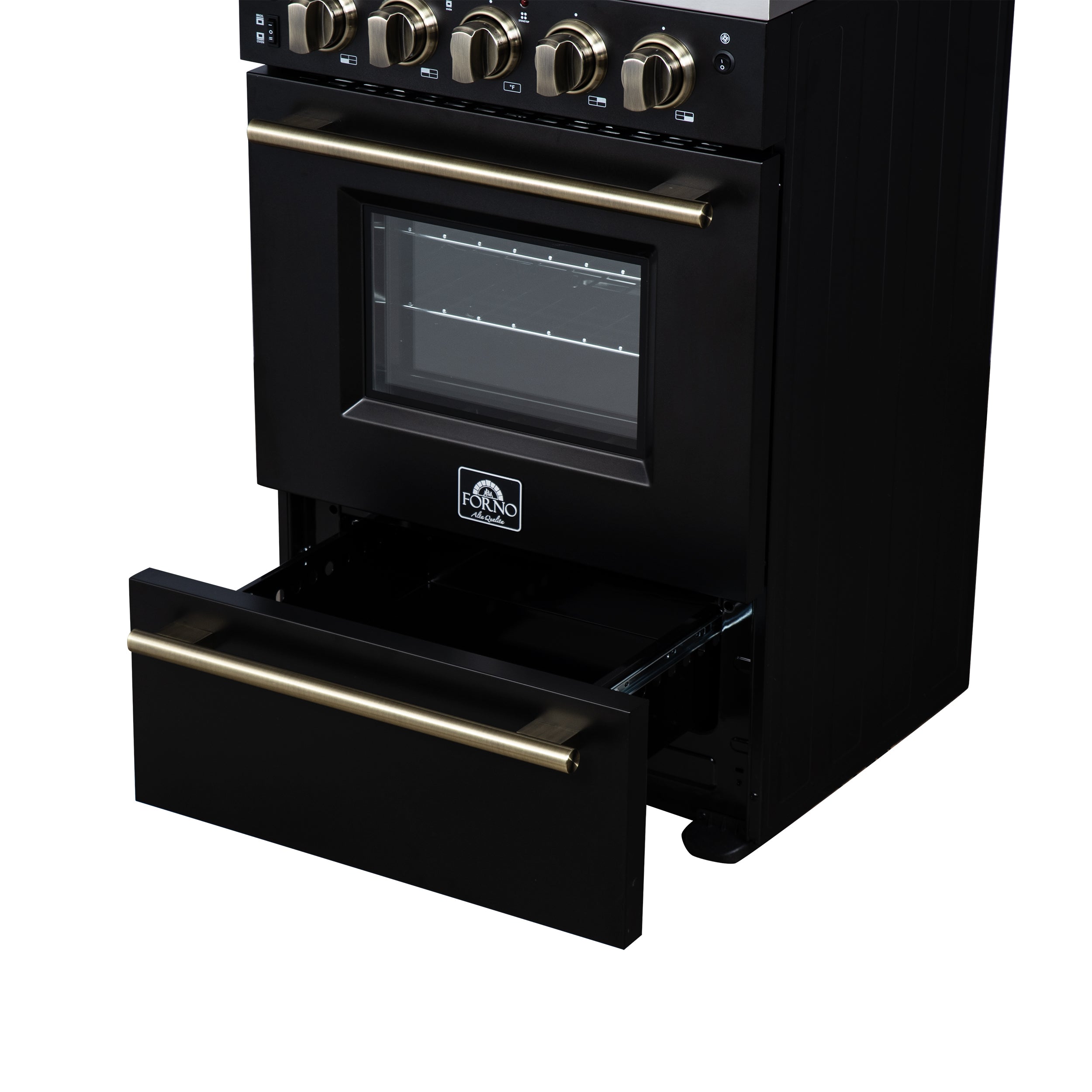 Forno Loiano 24 in. 2.3 cu.ft. Black Electric Range with 4 Burners, Air Fry Kit, Storage Drawer and Antique Brass Accents | FFSEL6069-24BLK