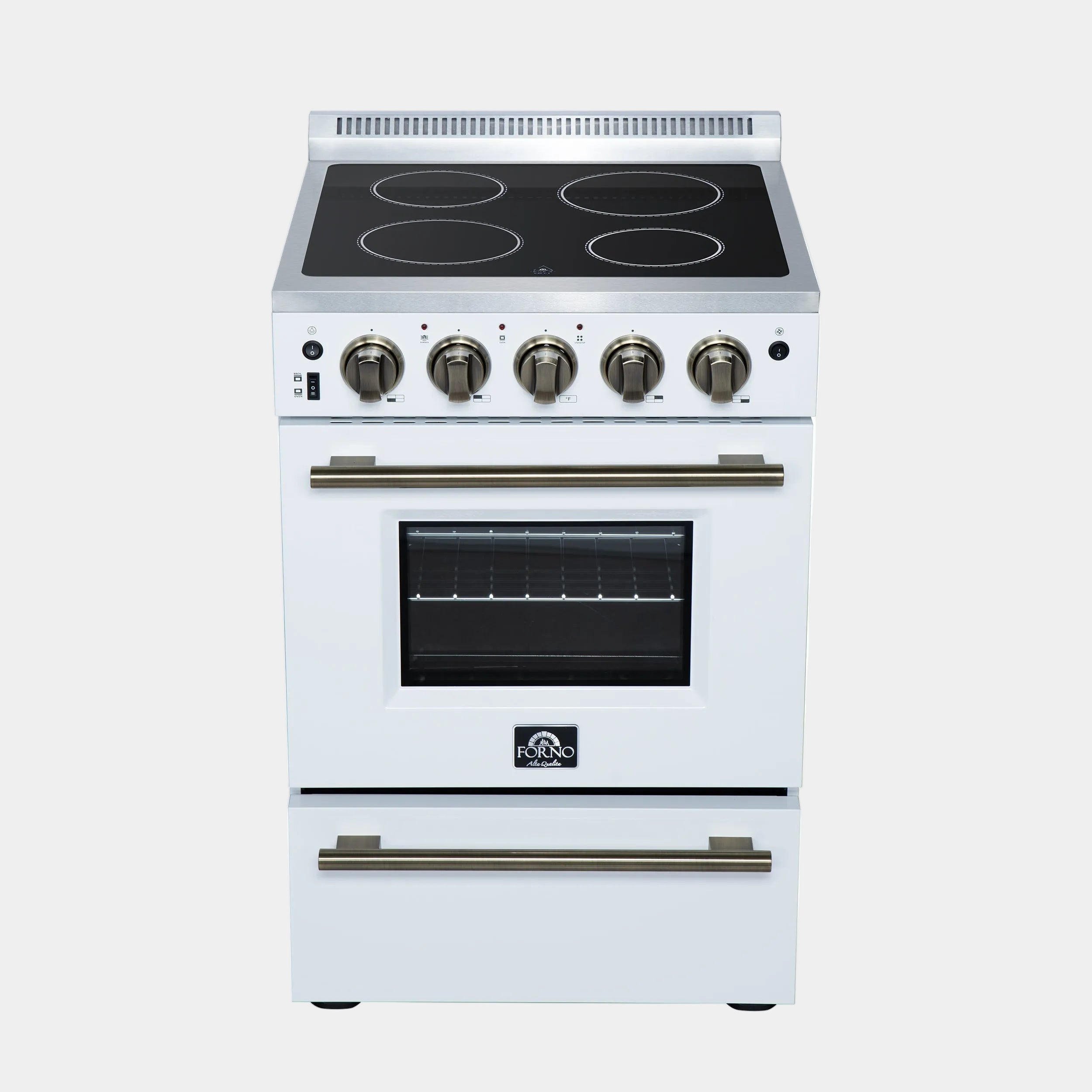 Forno Loiano 24 in. 2.3 cu.ft. White Electric Range with 4 Burners, Air Fry Kit, Storage Drawer and Antique Brass Accents | FFSEL6069-24WHT