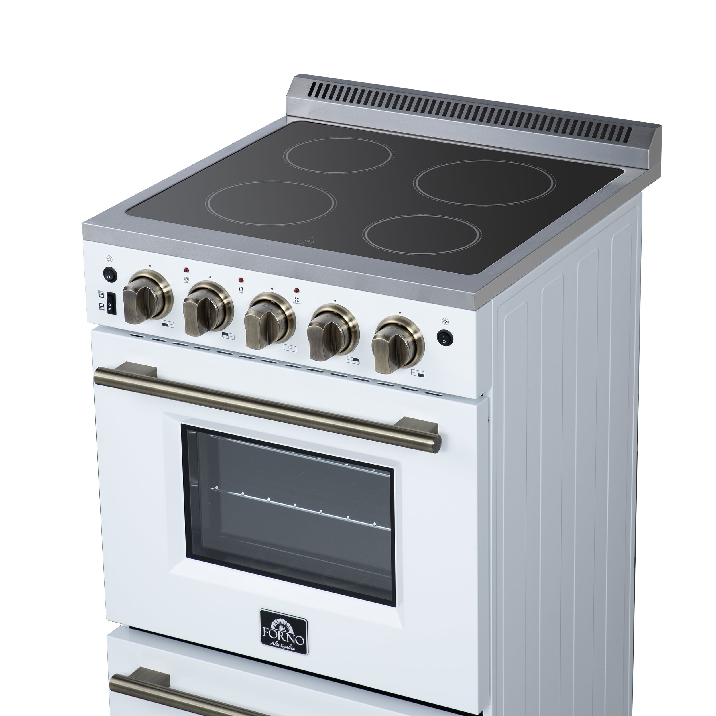 Forno Loiano 24 in. 2.3 cu.ft. White Electric Range with 4 Burners, Air Fry Kit, Storage Drawer and Antique Brass Accents | FFSEL6069-24WHT