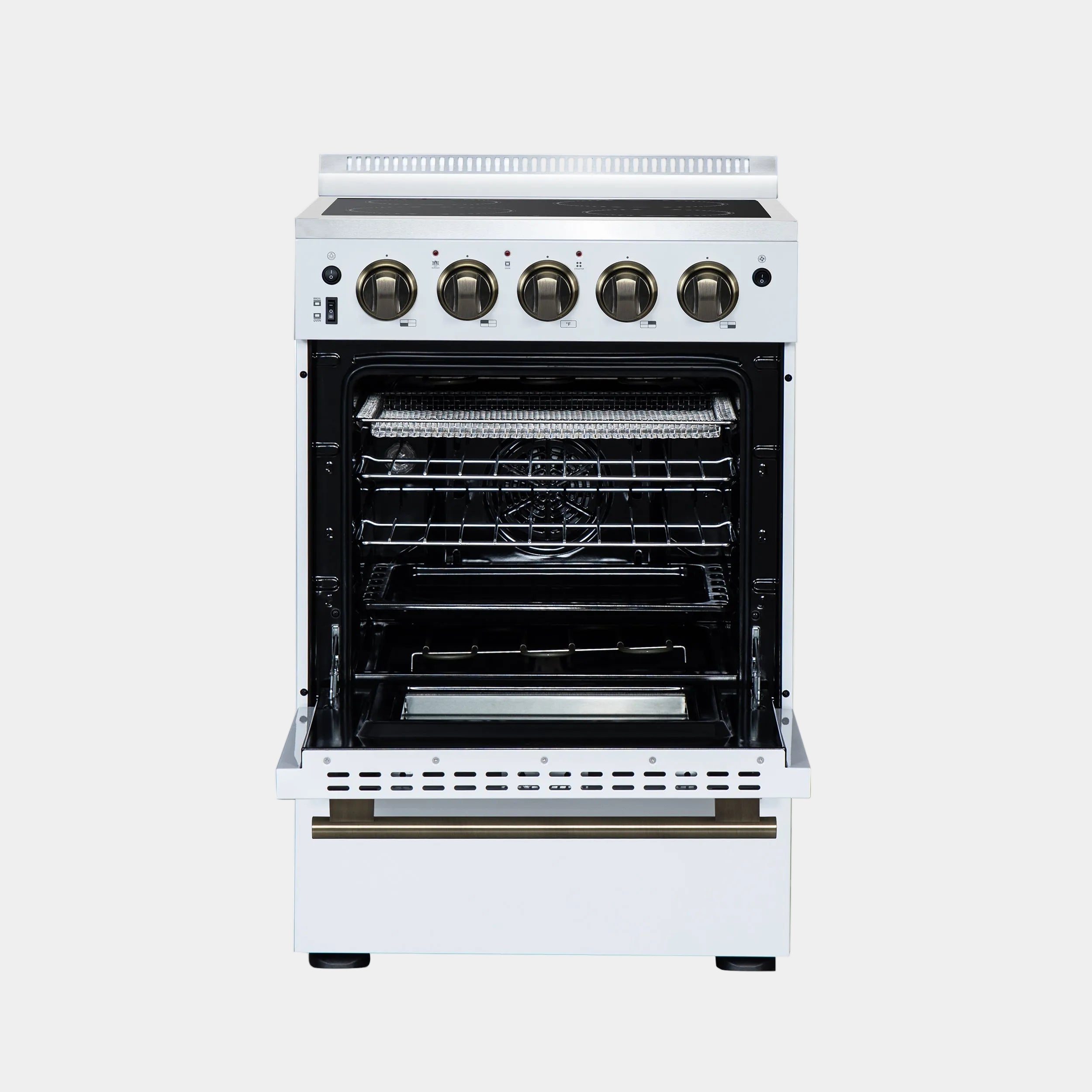 Forno Loiano 24 in. 2.3 cu.ft. White Electric Range with 4 Burners, Air Fry Kit, Storage Drawer and Antique Brass Accents | FFSEL6069-24WHT