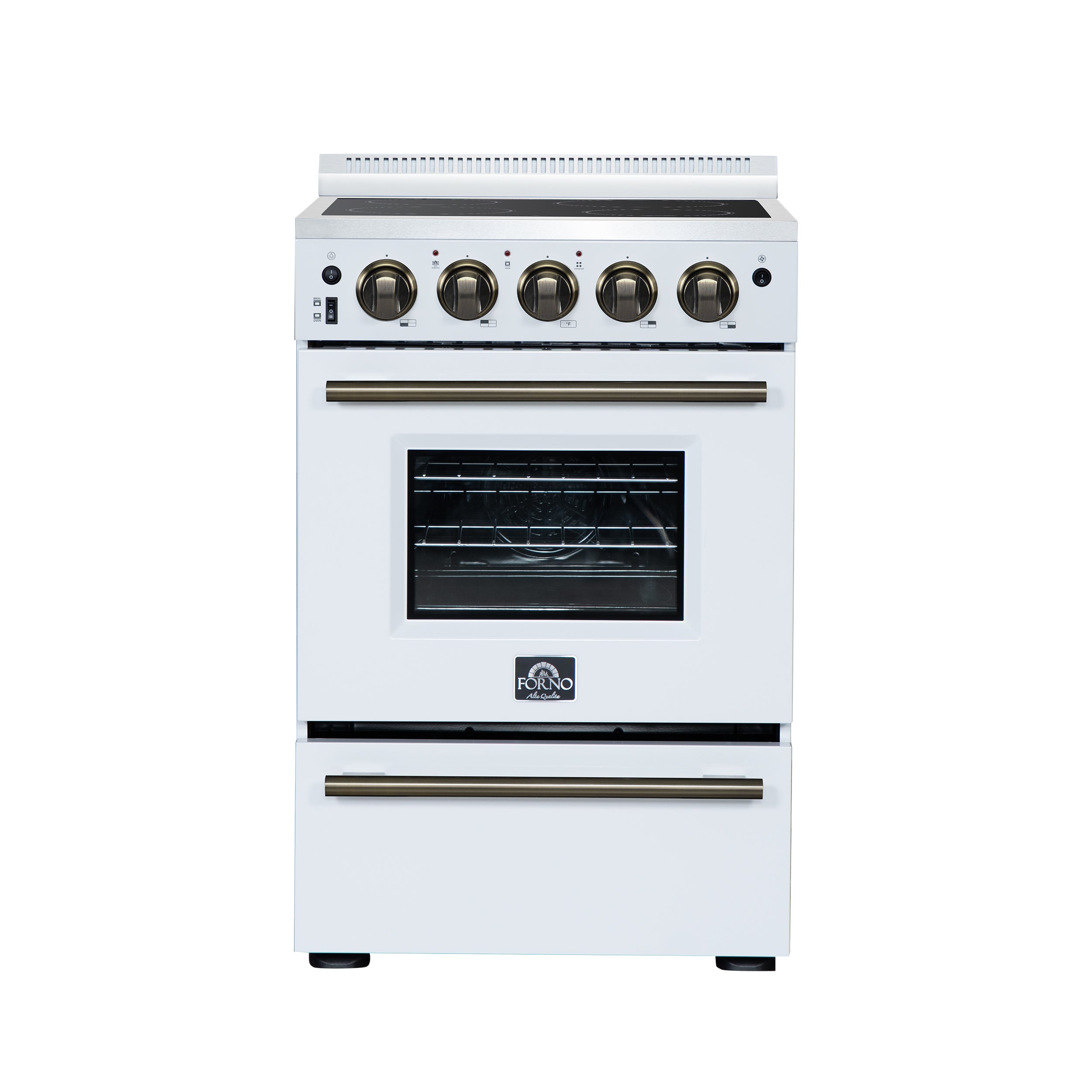 Forno Loiano 24 in. 2.3 cu.ft. White Electric Range with 4 Burners, Air Fry Kit, Storage Drawer and Antique Brass Accents | FFSEL6069-24WHT