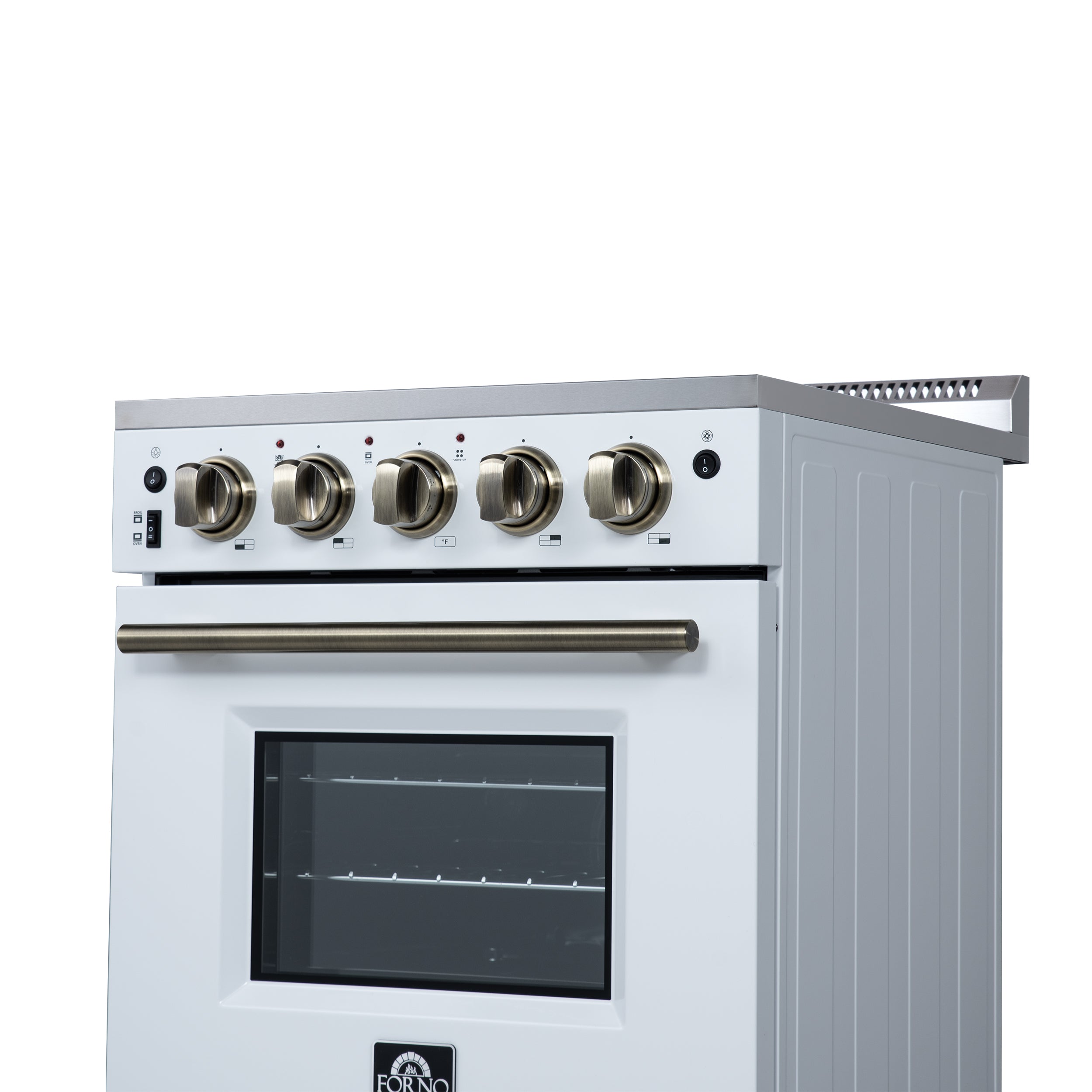 Forno Loiano 24 in. 2.3 cu.ft. White Electric Range with 4 Burners, Air Fry Kit, Storage Drawer and Antique Brass Accents | FFSEL6069-24WHT