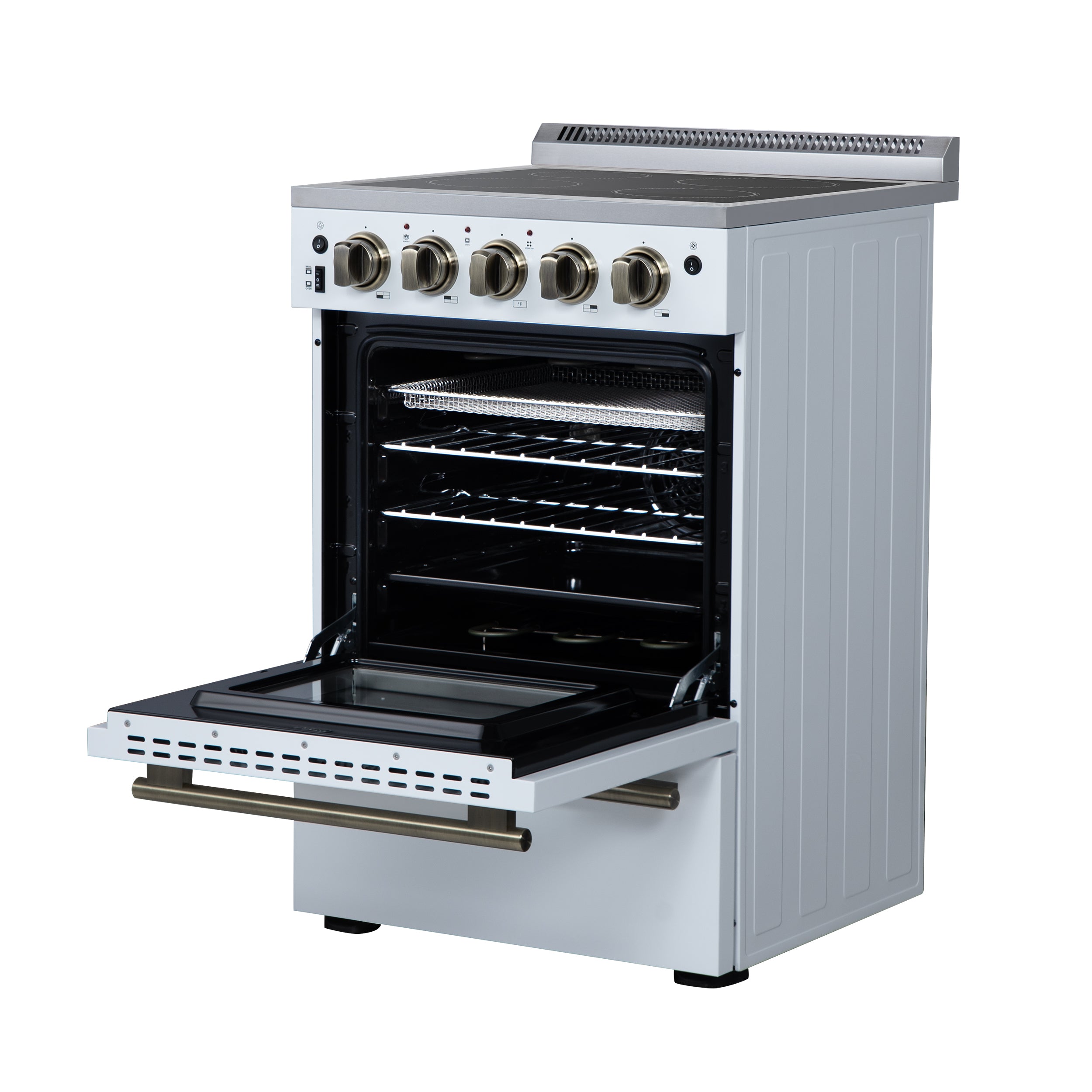 Forno Loiano 24 in. 2.3 cu.ft. White Electric Range with 4 Burners, Air Fry Kit, Storage Drawer and Antique Brass Accents | FFSEL6069-24WHT