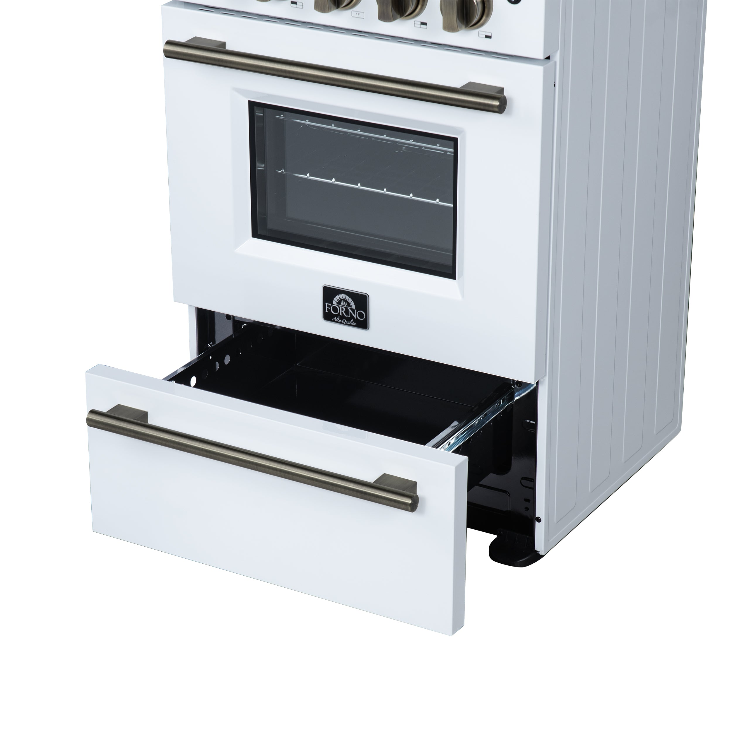 Forno Loiano 24 in. 2.3 cu.ft. White Electric Range with 4 Burners, Air Fry Kit, Storage Drawer and Antique Brass Accents | FFSEL6069-24WHT