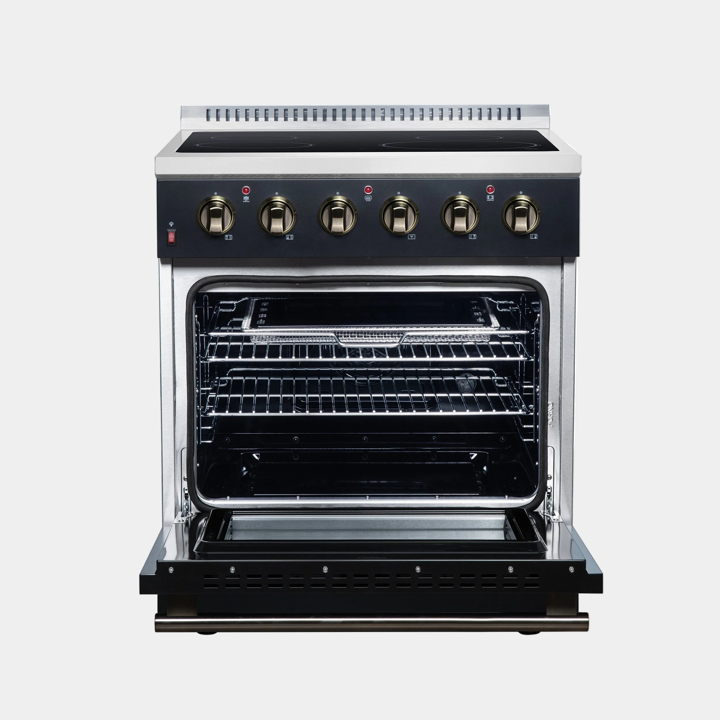Forno Galiano 30 in. 4.32 cu. ft. Black Electric Range with Antique Brass Accents | FFSEL6083-30BLK