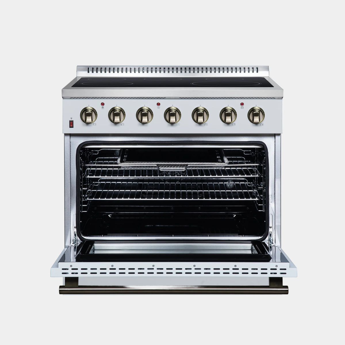 Forno Galiano 36 in. 5.36 cu. ft. White Electric Range with Air Fry and Antique Brass Accents | FFSEL6083-36WHT