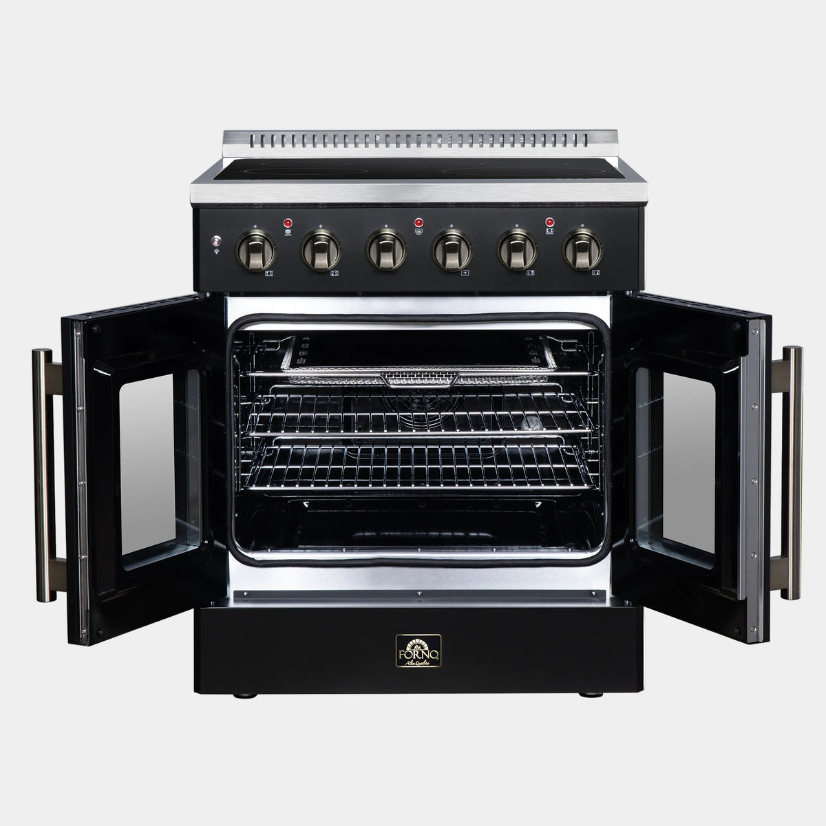 Forno Galiano 30 in. 4.32 cu. ft. Black French Door Electric Range with Air Fry and Antique Brass Accents | FFSEL6917-30BLK