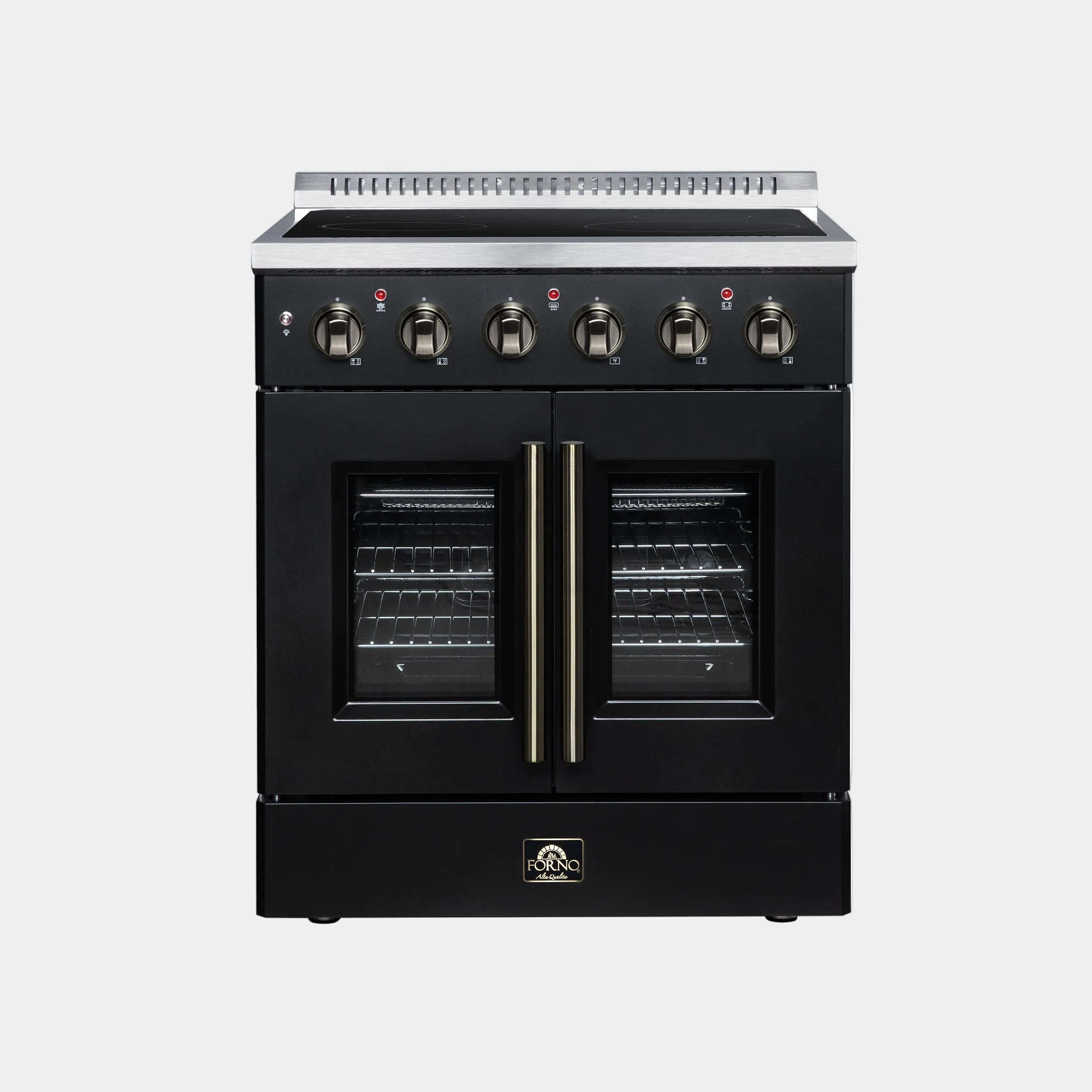Forno Galiano 30 in. 4.32 cu. ft. Black French Door Electric Range with Air Fry and Antique Brass Accents | FFSEL6917-30BLK