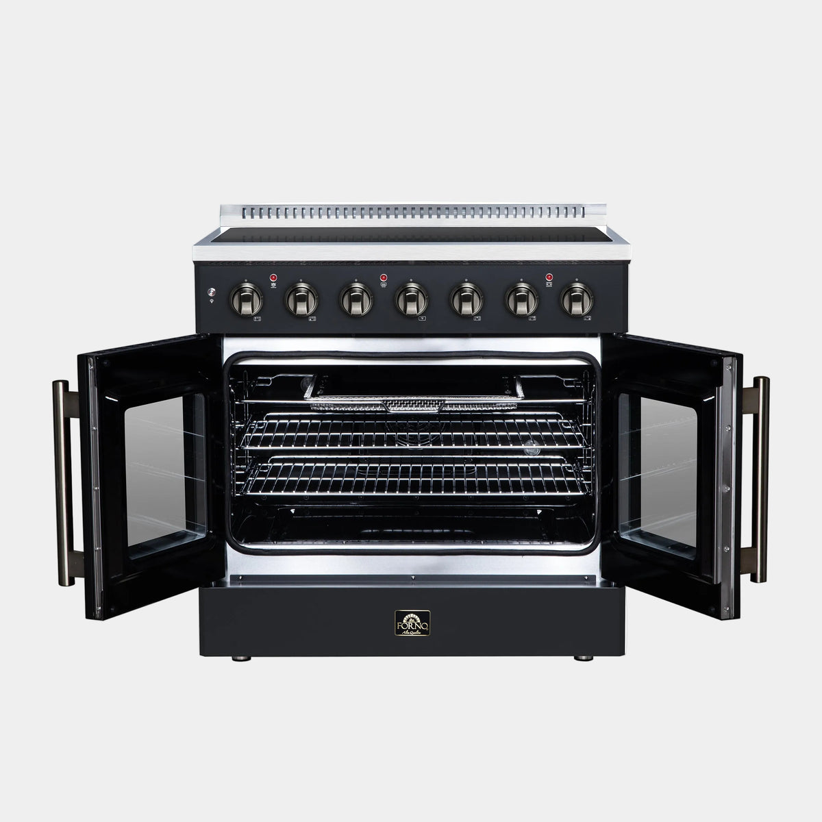 Forno Galiano 36 in. 5.36 cu. ft. Black French Door Electric Range with Antique Brass Accents | FFSEL6917-36BLK