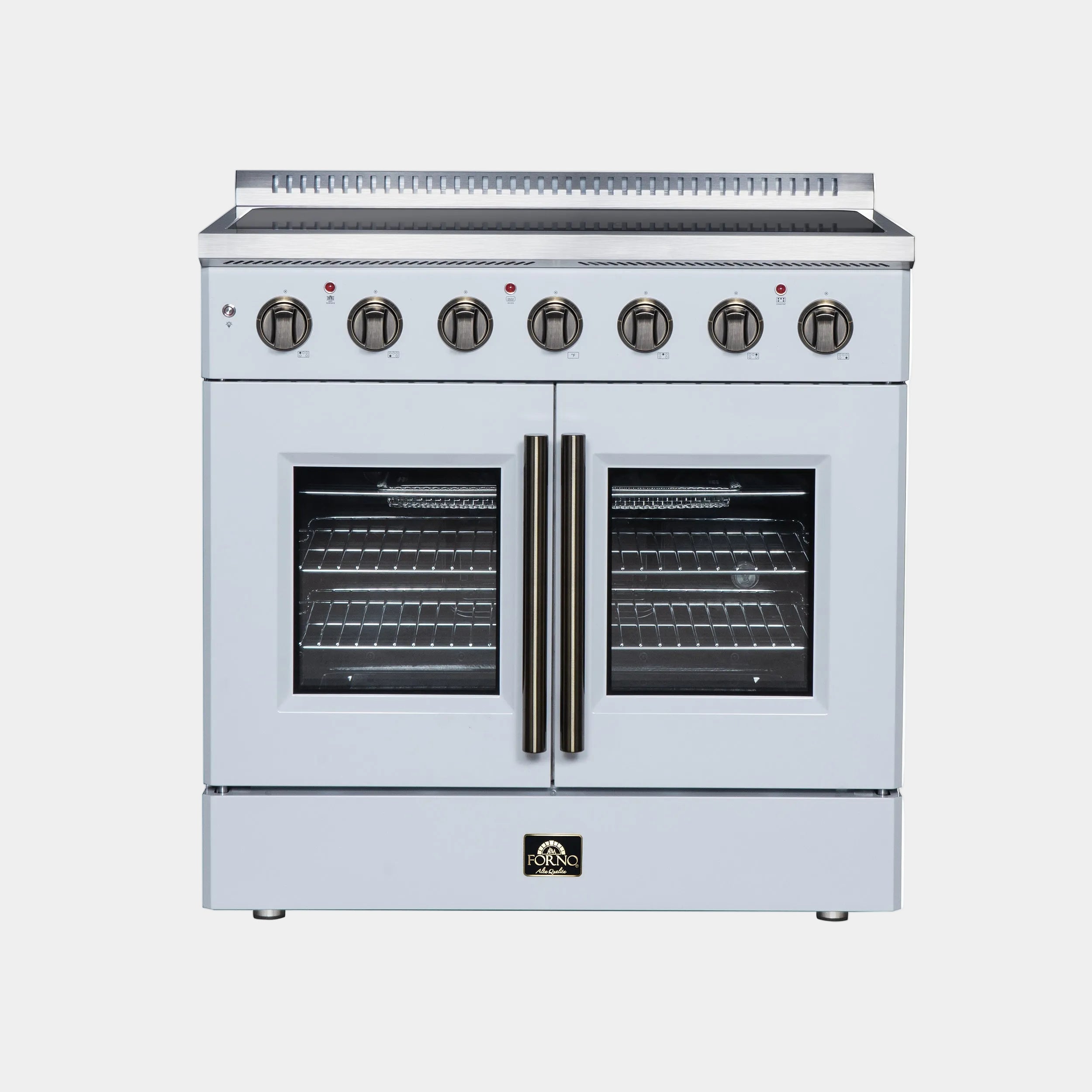 Forno Galiano 36 in. 5.36 cu. ft. White French Door Electric Range with Air Fry and Antique Brass Accents | FFSEL6917-36WHT