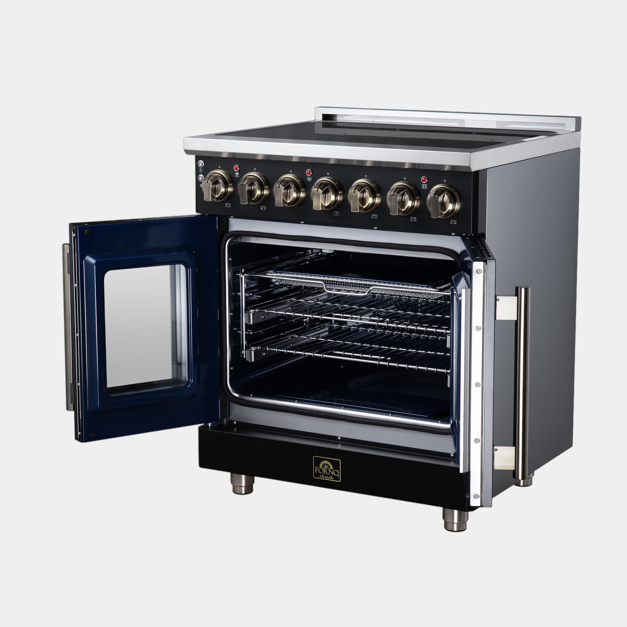 Massimo 30 Inch French Door Electric range, 5 radiant burners, 4.32 cf. True Convection oven, Air fryer kit, Black
