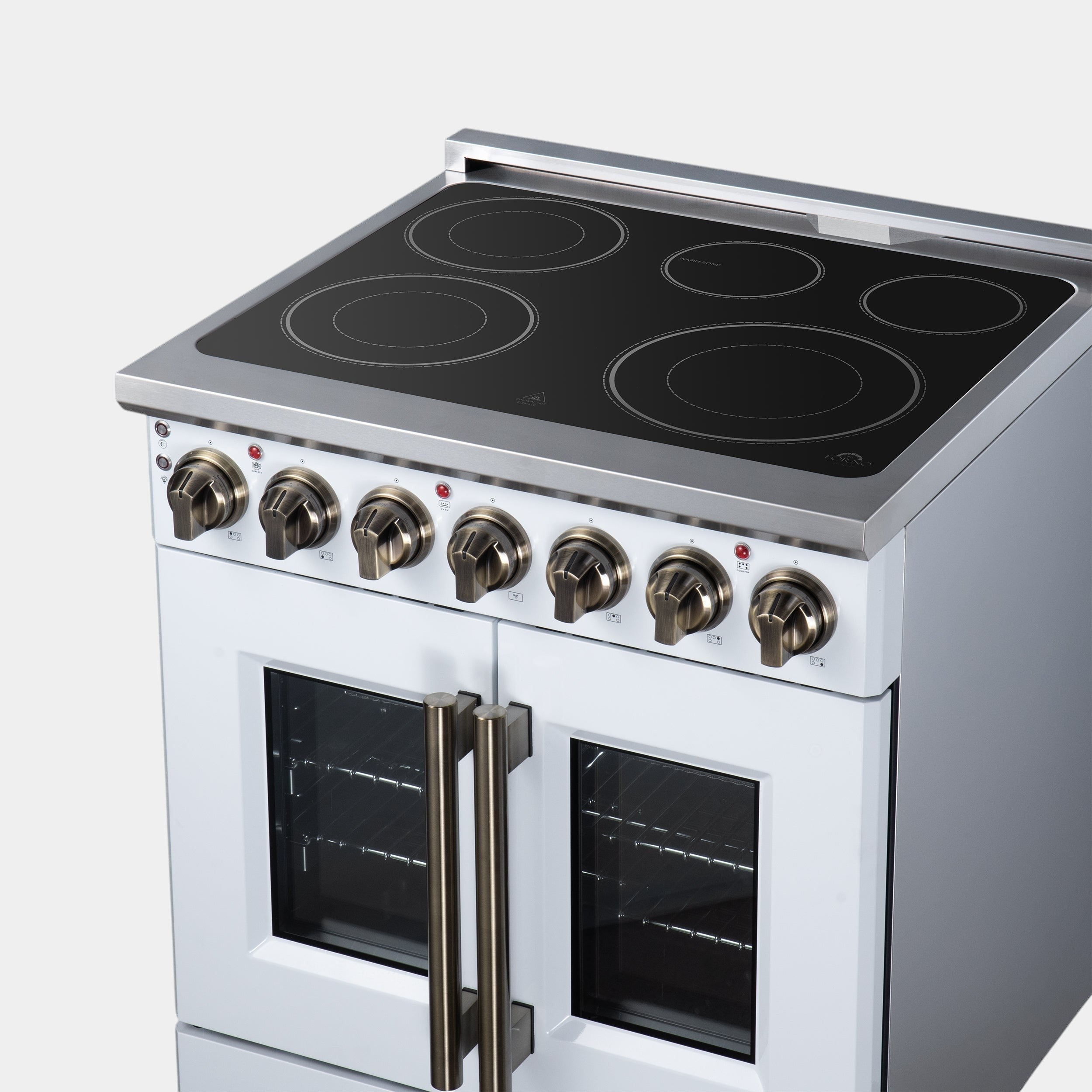 Massimo 30 Inch French Door Electric range, 5 radiant burners, 4.32 cf. True Convection oven, Air fryer kit, White