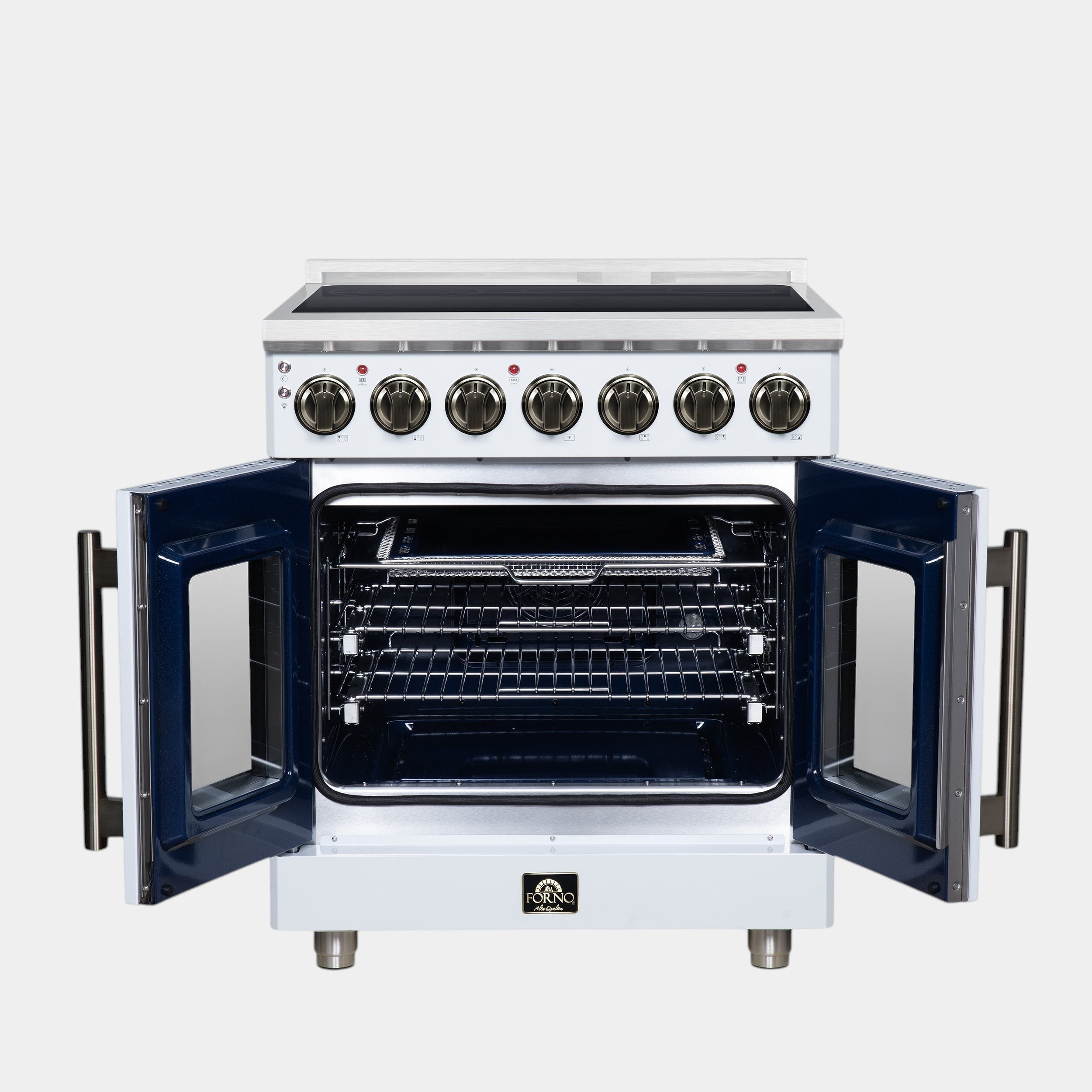 Massimo 30 Inch French Door Electric range, 5 radiant burners, 4.32 cf. True Convection oven, Air fryer kit, White