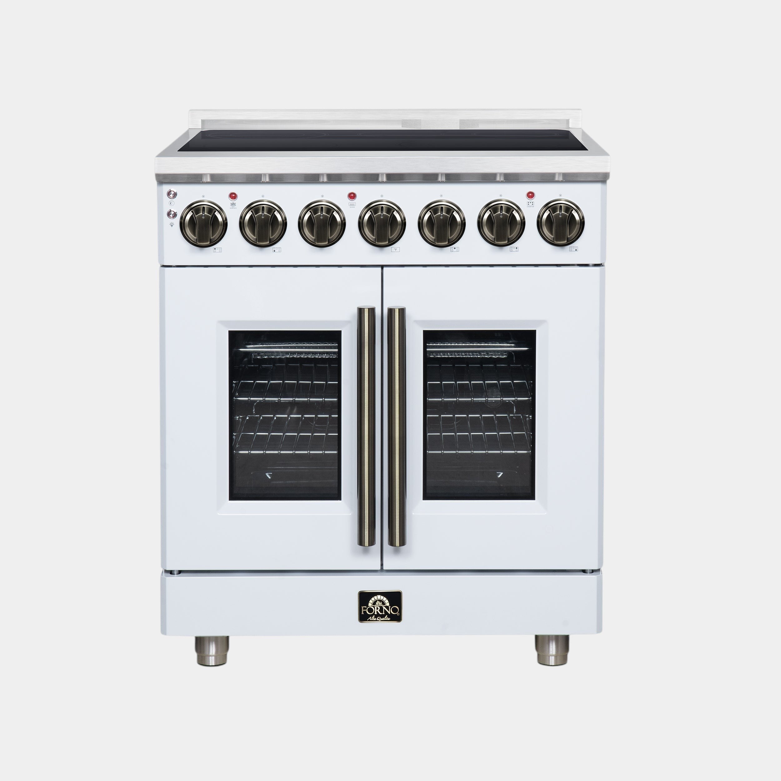 Massimo 30 Inch French Door Electric range, 5 radiant burners, 4.32 cf. True Convection oven, Air fryer kit, White