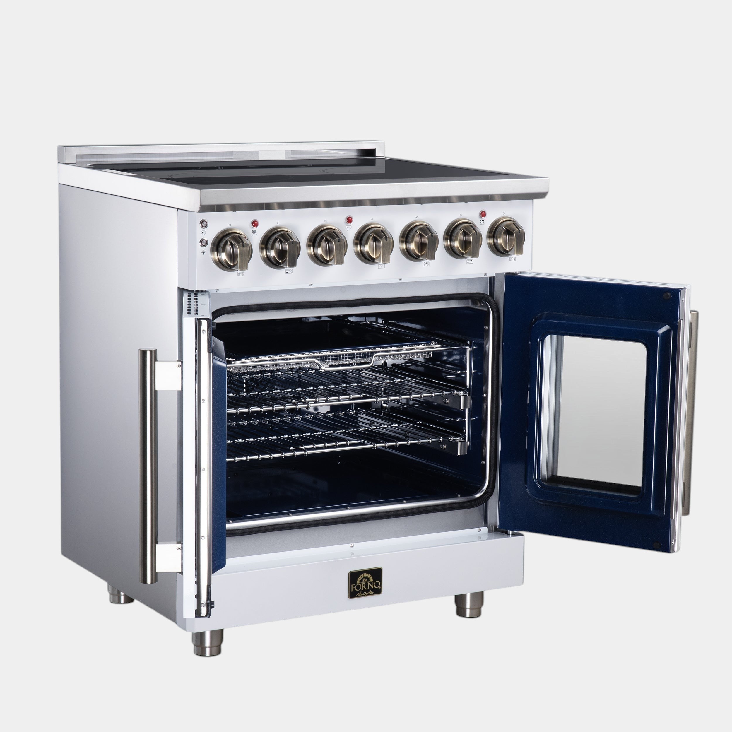 Massimo 30 Inch French Door Electric range, 5 radiant burners, 4.32 cf. True Convection oven, Air fryer kit, White