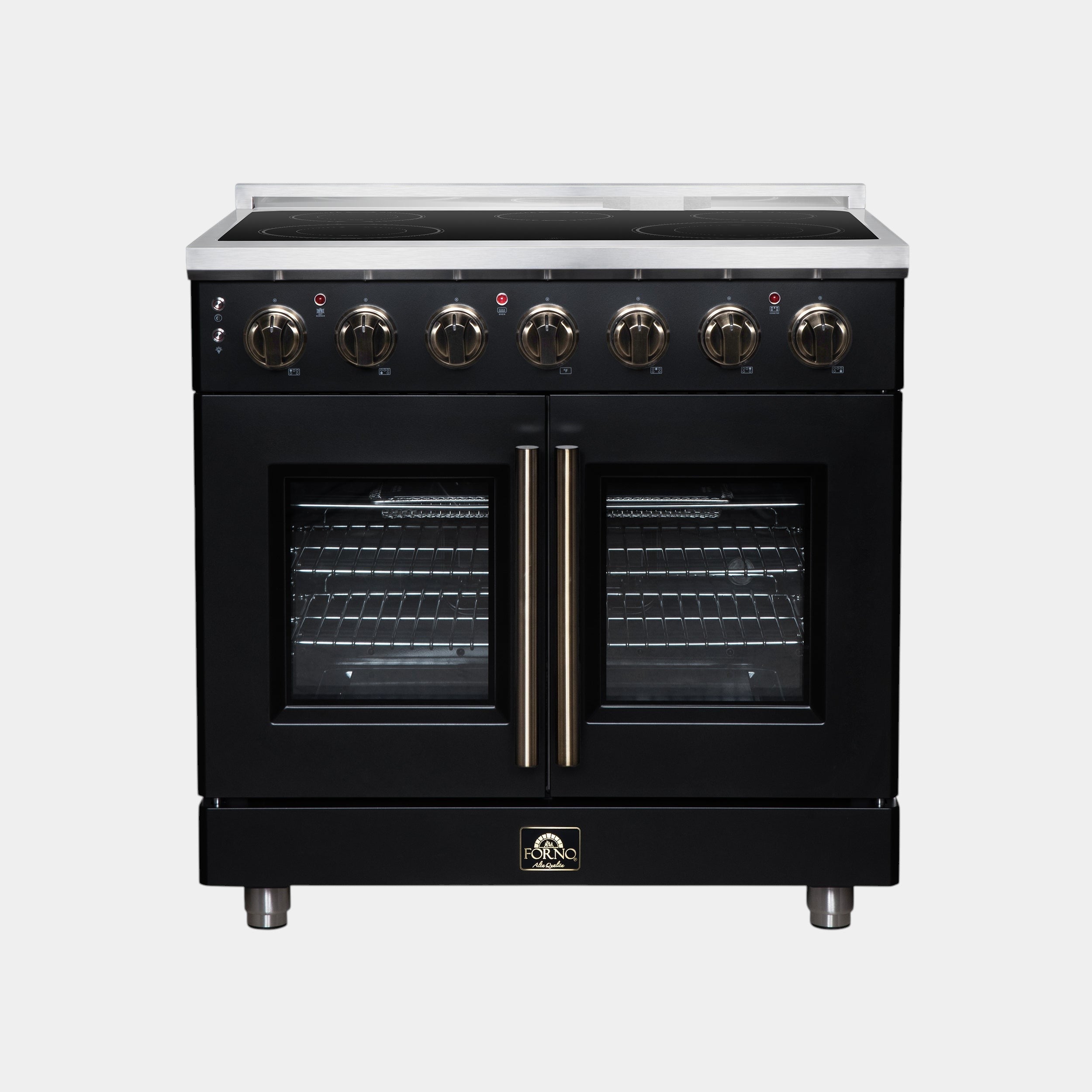 Massimo 36 Inch French Door Electric range, 5 radiant burners, 5.36 cf. True Convection oven, Air fryer kit, Black