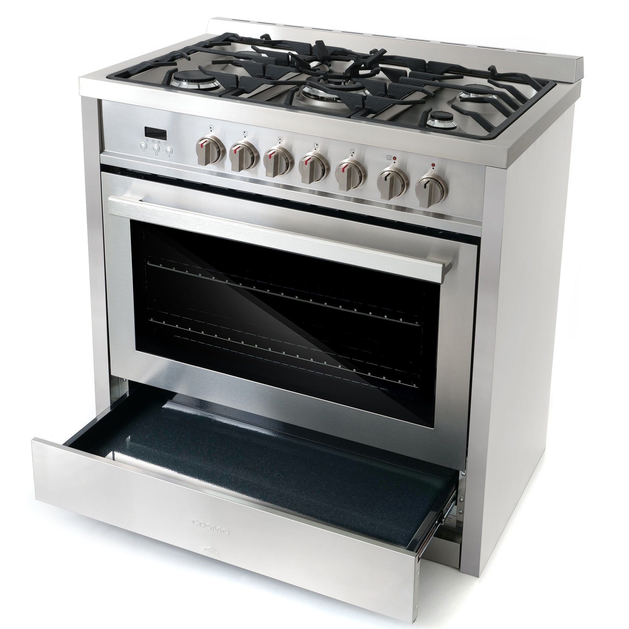 Cosmo Stellar 36 in. 3.8 cu. ft. 5-Burner Stainless Steel Dual Fuel Range with Storage Drawer | F965NF