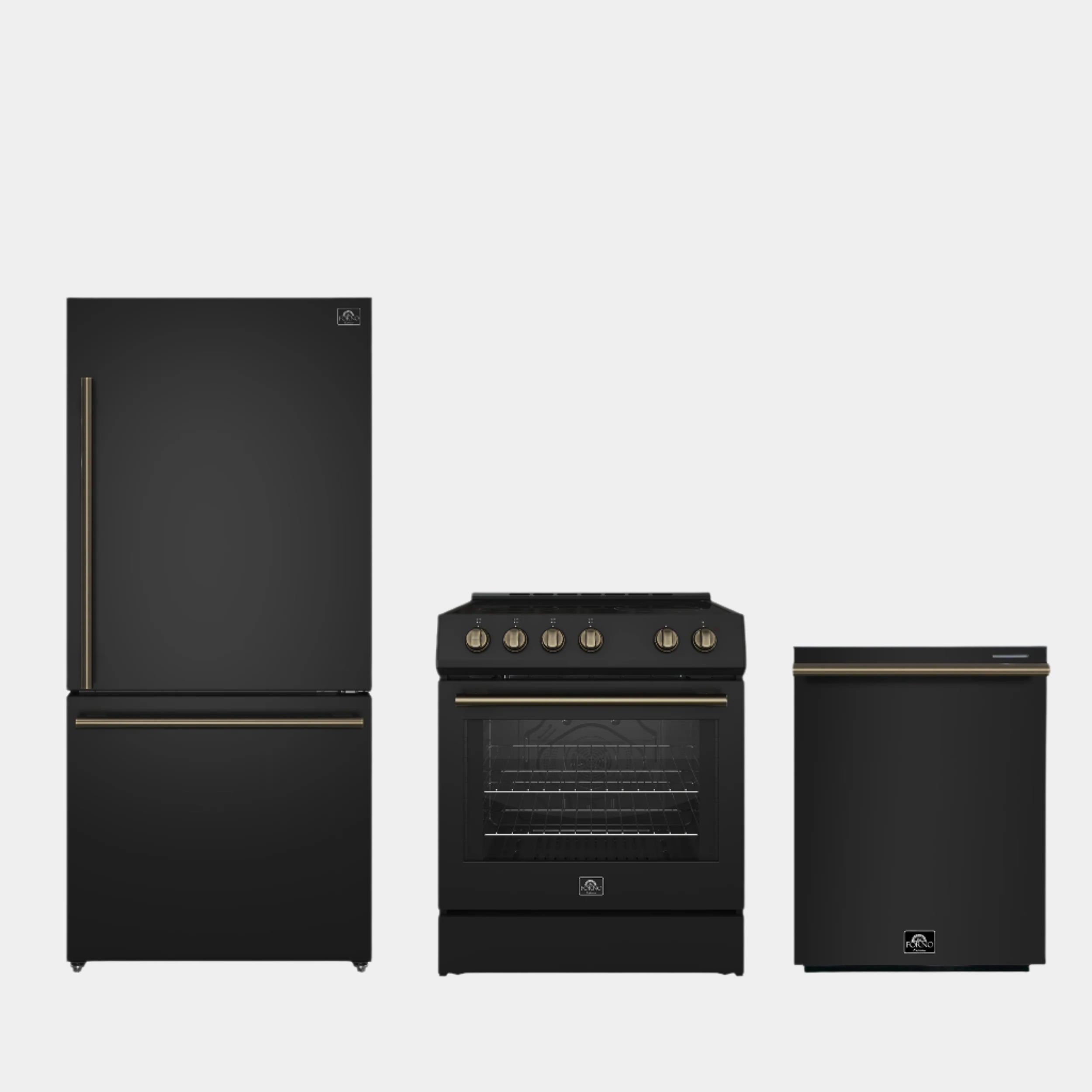 Forno Espresso Black Package - 30" Electric Range, Refrigerator and Dishwasher with Antique Brass Handles | FBDL-007-02US