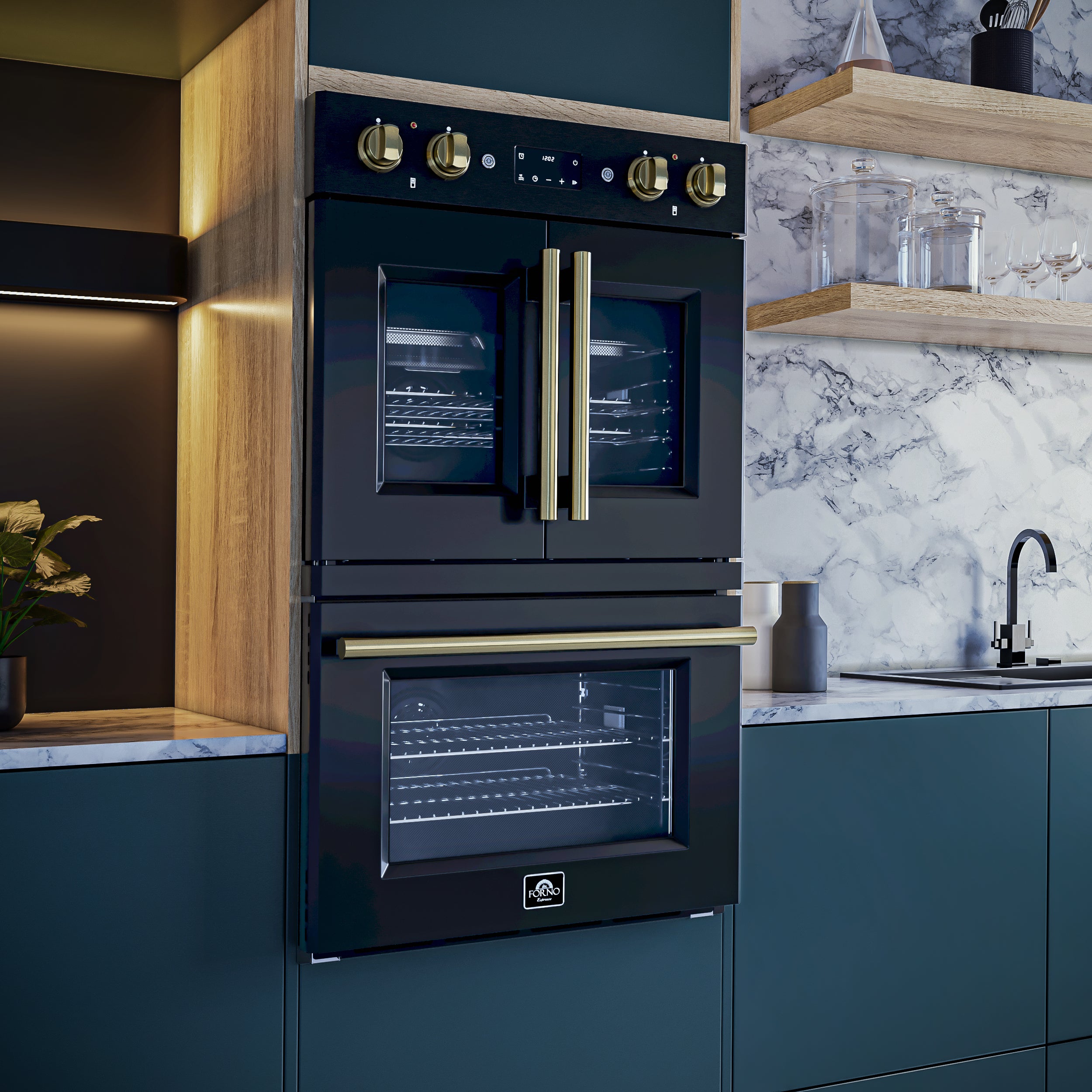 Forno Asti 30 in. 7.36 cu.ft. Black Self-Cleaning Double Electric Wall Oven with Air Fry, Sous Vide and Antique Brass Accents | FBOEL1340-30BLK