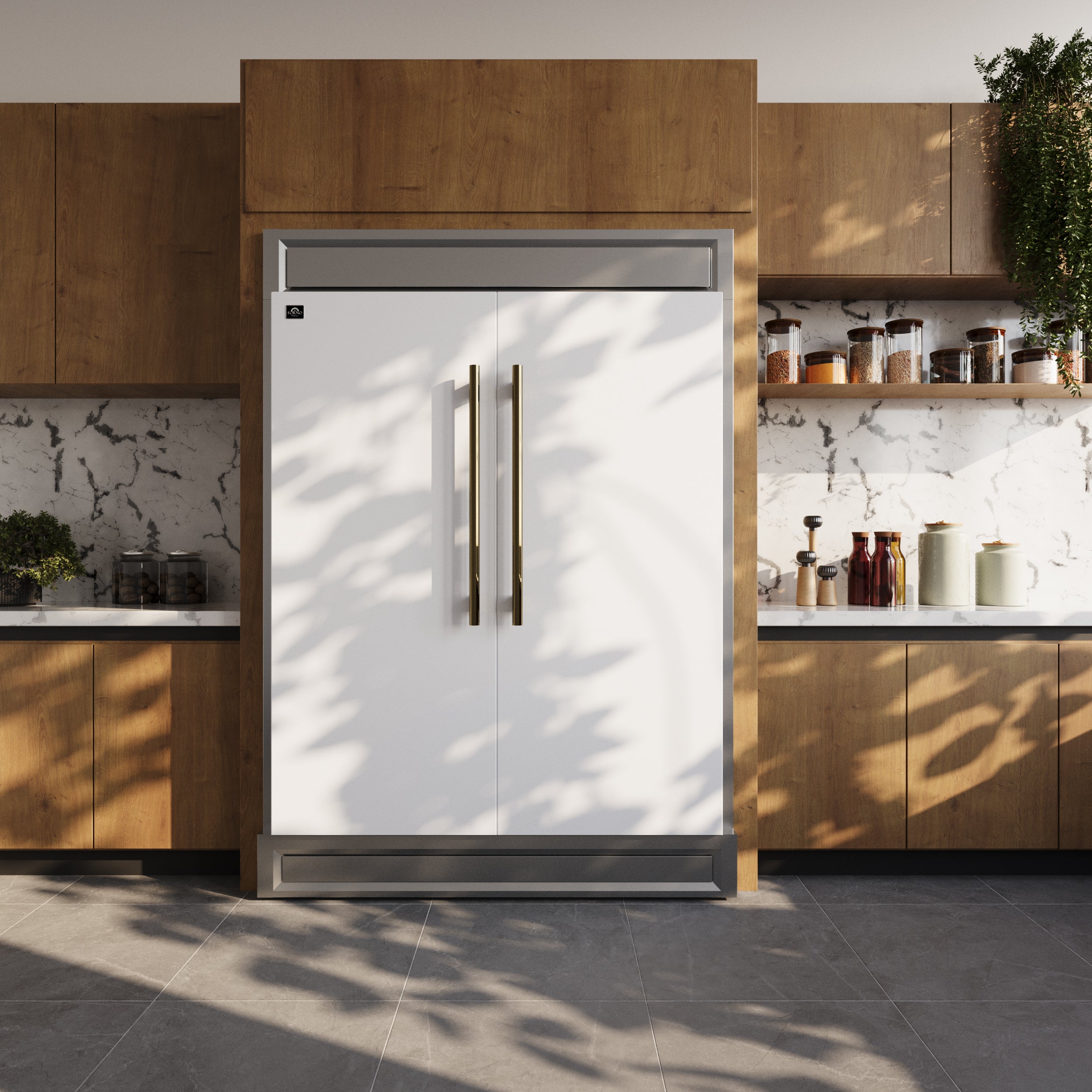 Forno Maderno 60 in. 27.2 cu.ft. White Built-In Convertible Refrigerator/Freezer with Modern Trim Kit and Antique Brass Handles | FFFFD1722-60MG-WHT