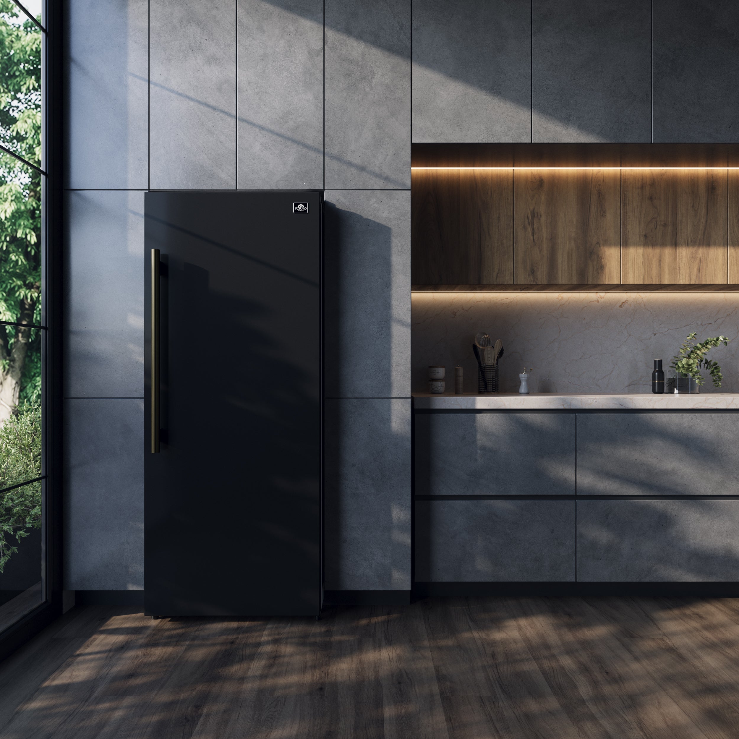 Forno Maderno 28 in. 13.6 cu.ft. Right Swing Black Convertible Refrigerator/Freezer with Antique Brass | FFFFD1722-28BLK-RS