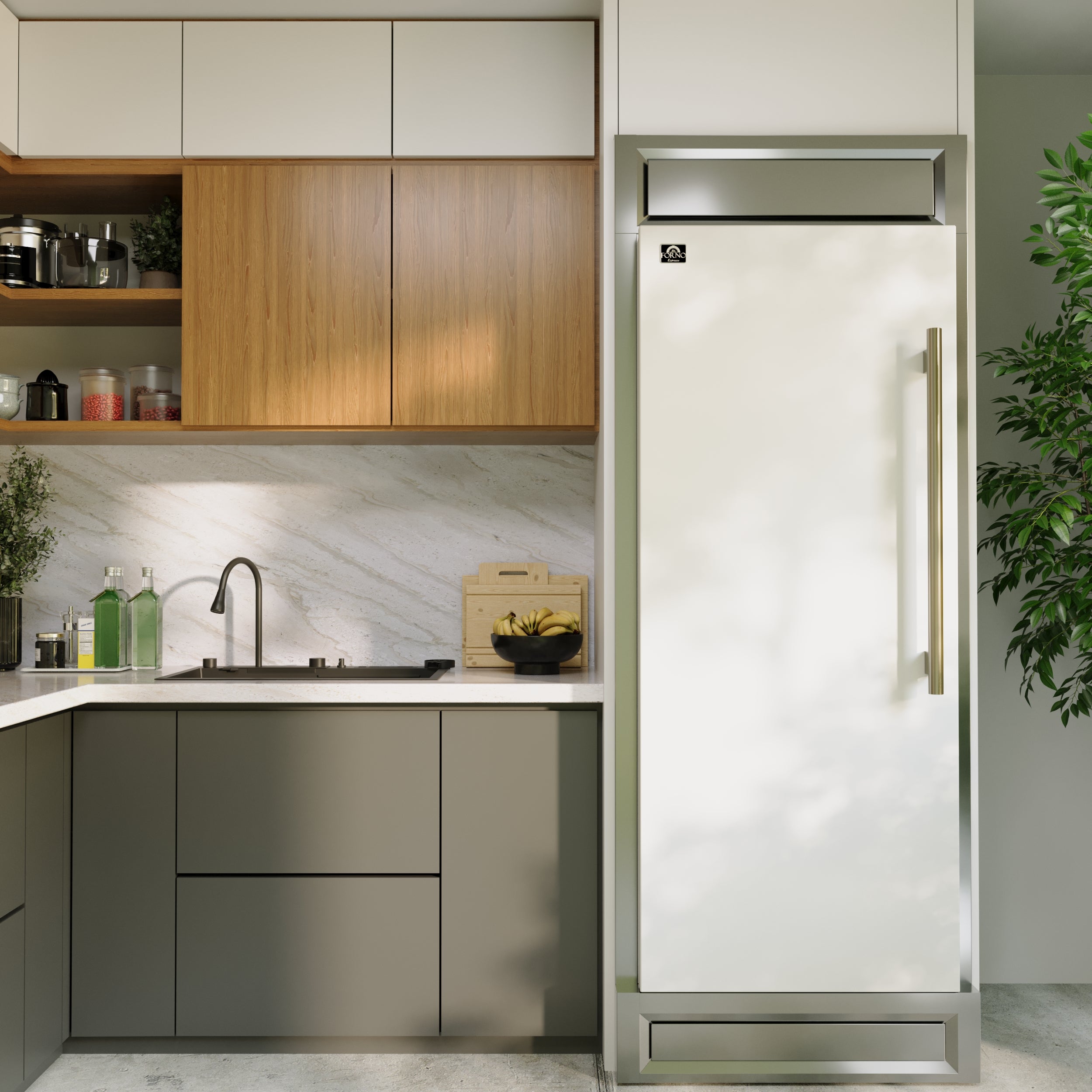 Forno Maderno 32 in. 13.6 cu.ft. Left Swing White Built-In Convertible Refrigerator/Freezer with Antique Brass Handle and Decorative Trim | FFFFD1722-32LMG-WHT