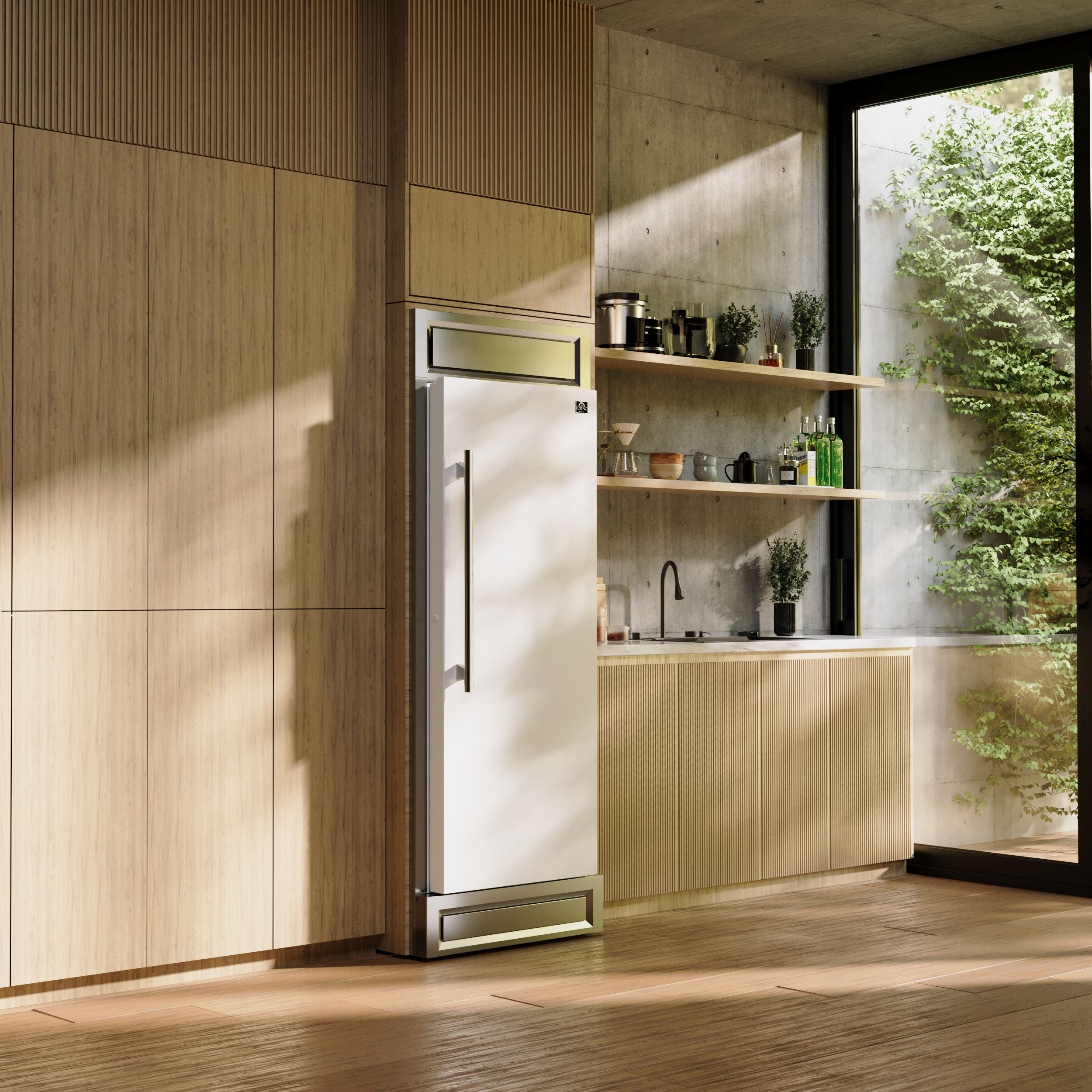 Forno Maderno 32 in. 13.6 cu.ft. Right Swing White Built-In Convertible Refrigerator/Freezer with Antique Brass Handle and Decorative Trim | FFFFD1722-32RMG-WHT