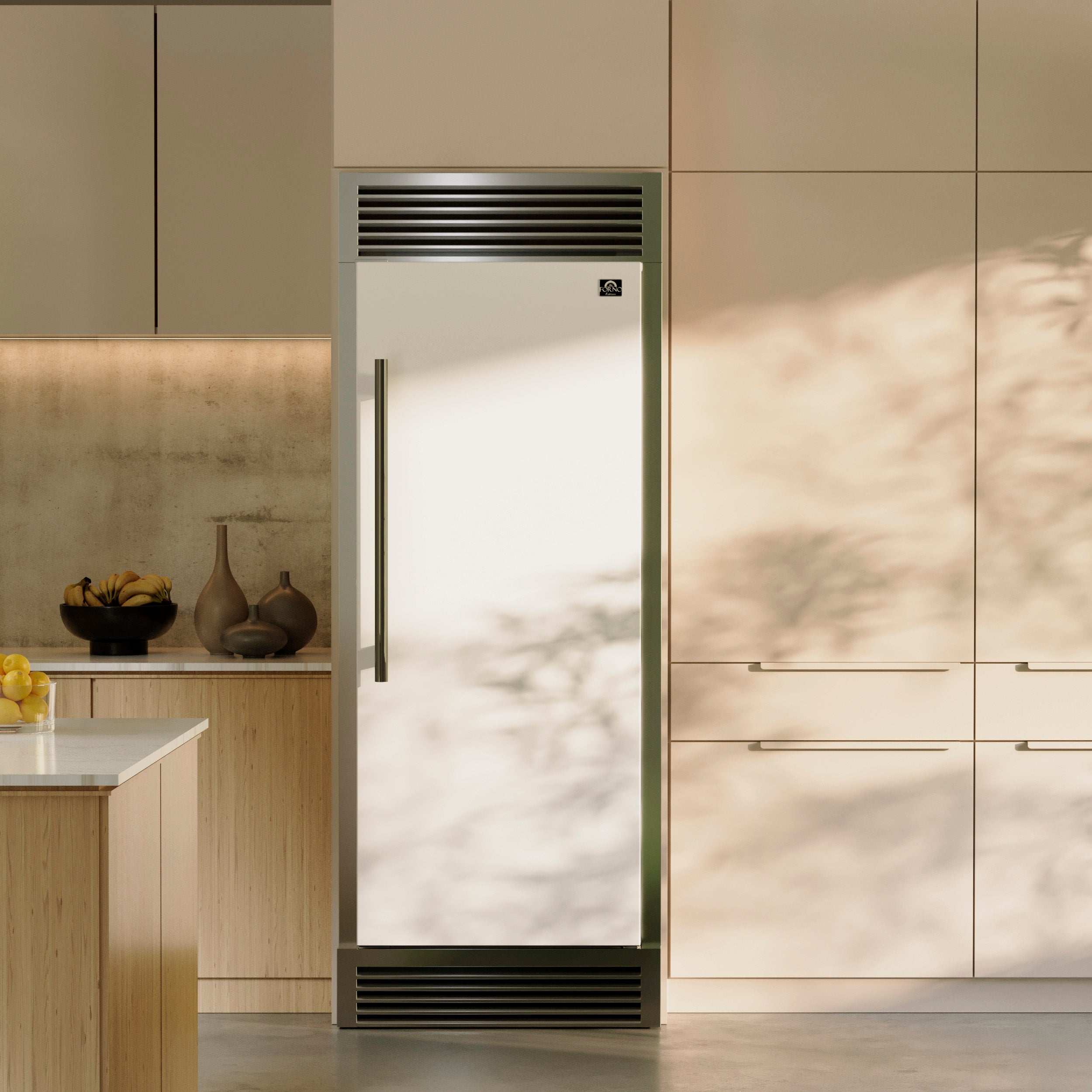 Forno Maderno 32 in. 13.6 cu.ft. Right Swing White Built-In Convertible Refrigerator/Freezer with Antique Brass Handle and Grill Trim | FFFFD1722-32RSG-WHT