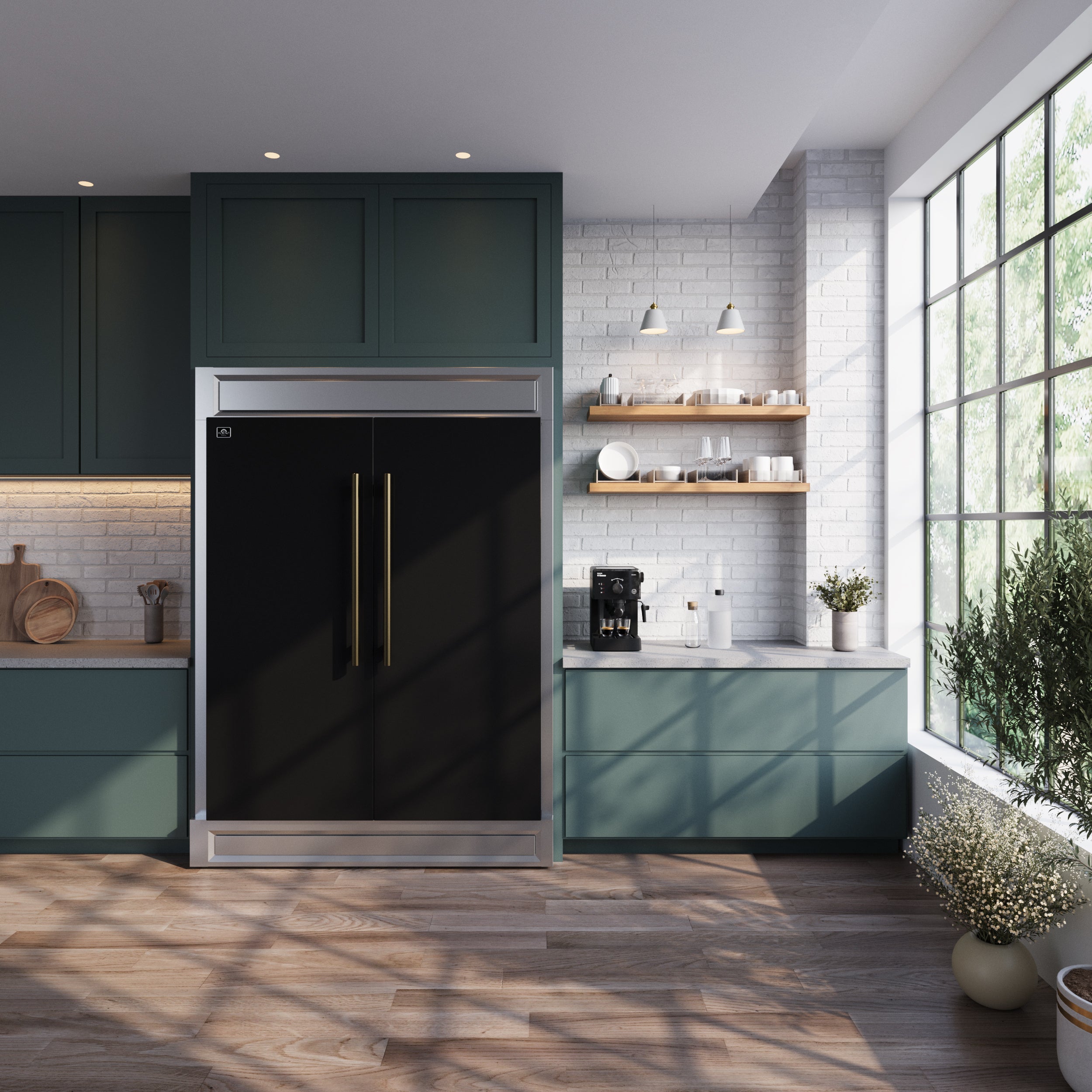 Forno Maderno 60 in. 27.2 cu.ft. Black Built-In Convertible Refrigerator/Freezer with Modern Trim Kit and Antique Brass Handles | FFFFD1722-60MG-BLK