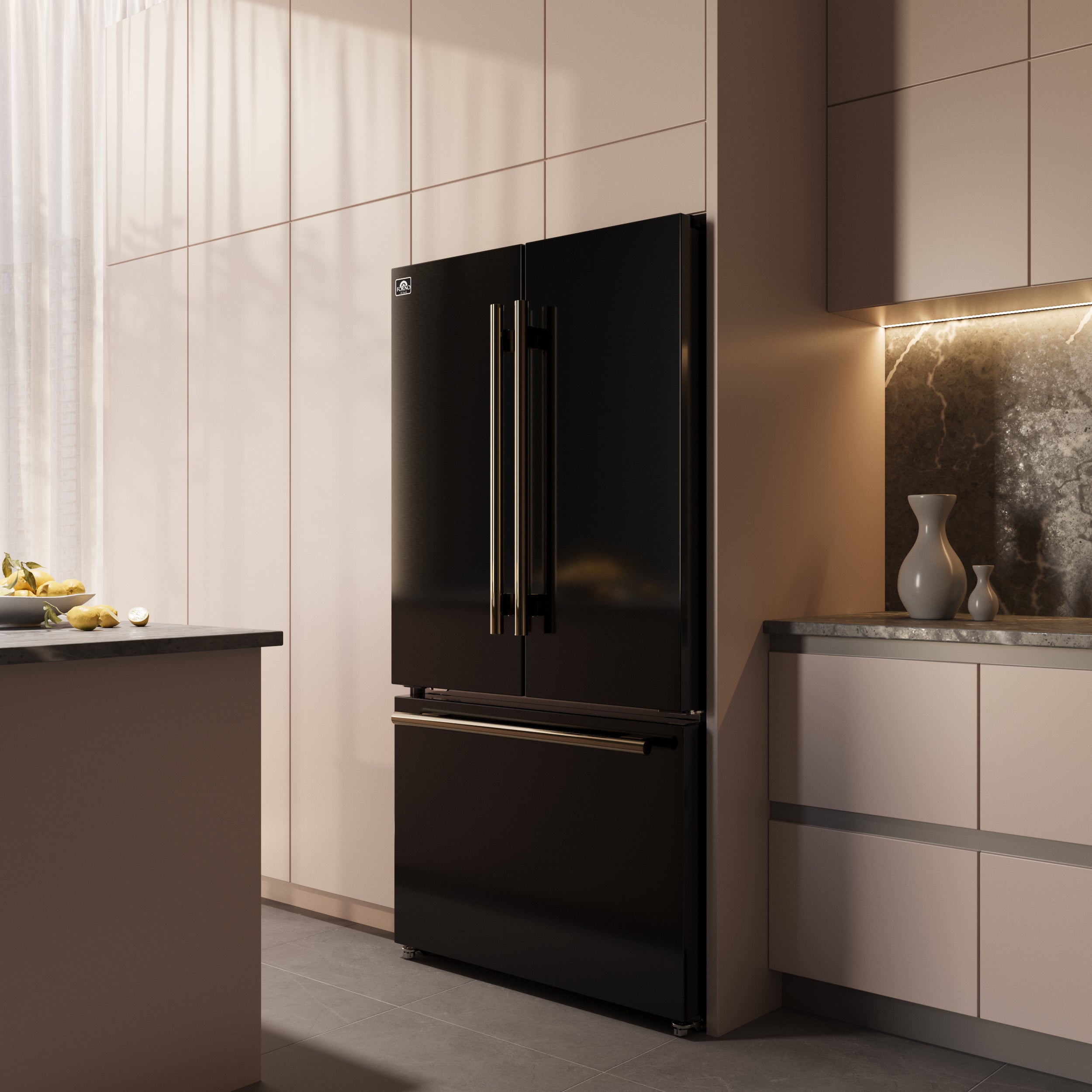 Forno Rivello 36 in. 27.4 cu. ft. Black French Door Standard Depth Refrigerator with Water Dispenser, Ice Maker and Antique Brass Accents | FFFFD1783-36BLK