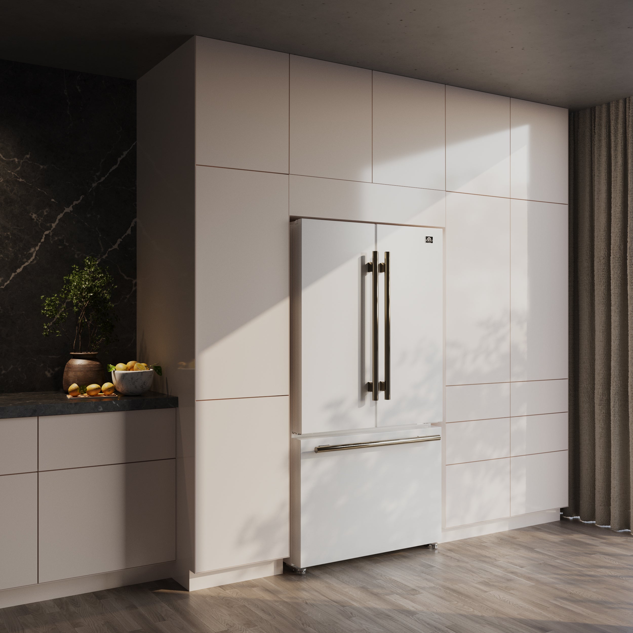 Forno Rivello 36 in. 27.4 cu. ft. Black French Door Standard Depth Refrigerator with Water Dispenser, Ice Maker and Antique Brass Accents | FFFFD1783-36WHT