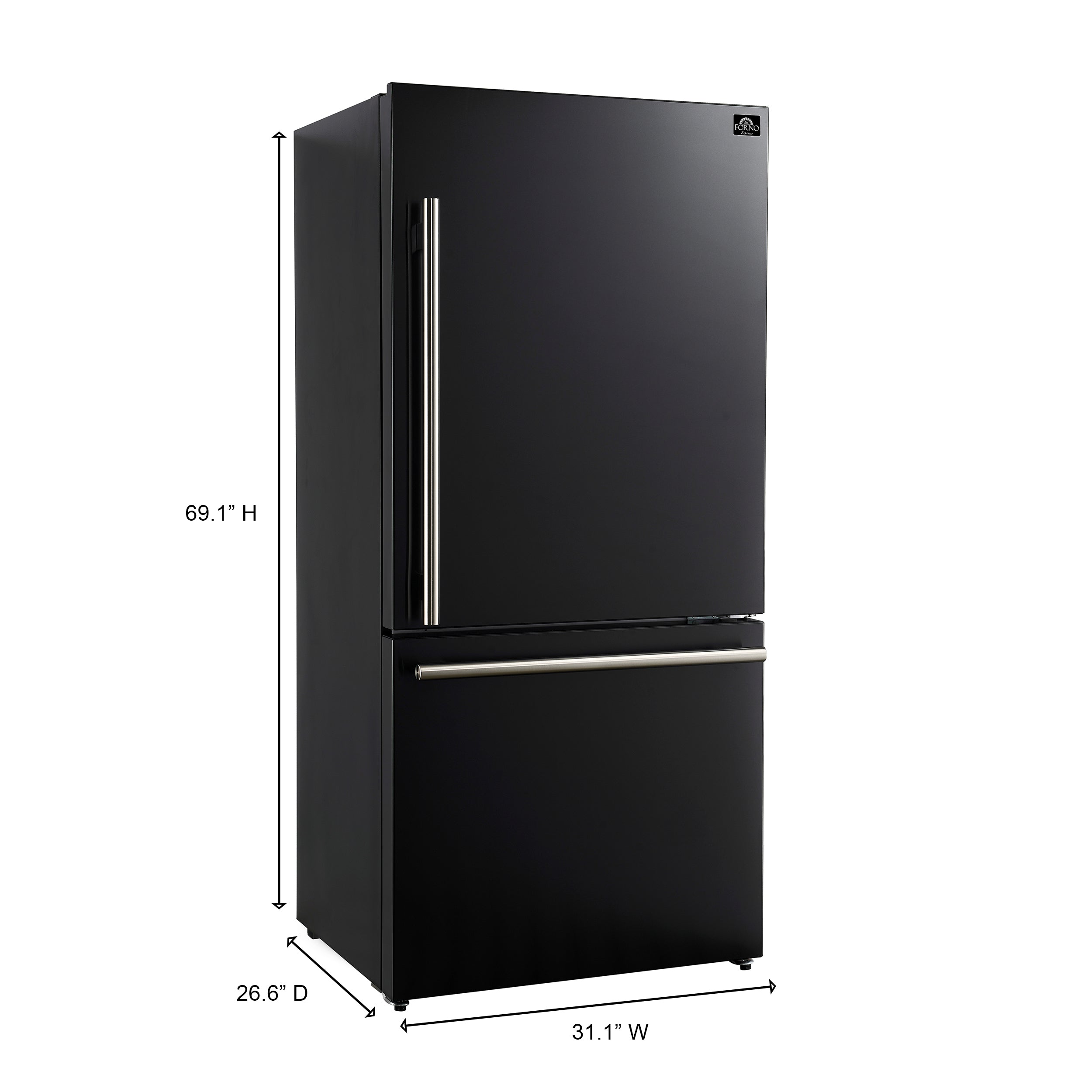 Forno Espresso Milano 31 in. 17.2 cu.ft. Black Right Swing Refrigerator with Bottom Freezer, Ice maker and Antique Brass Handles | FFFFD1785-31BLK