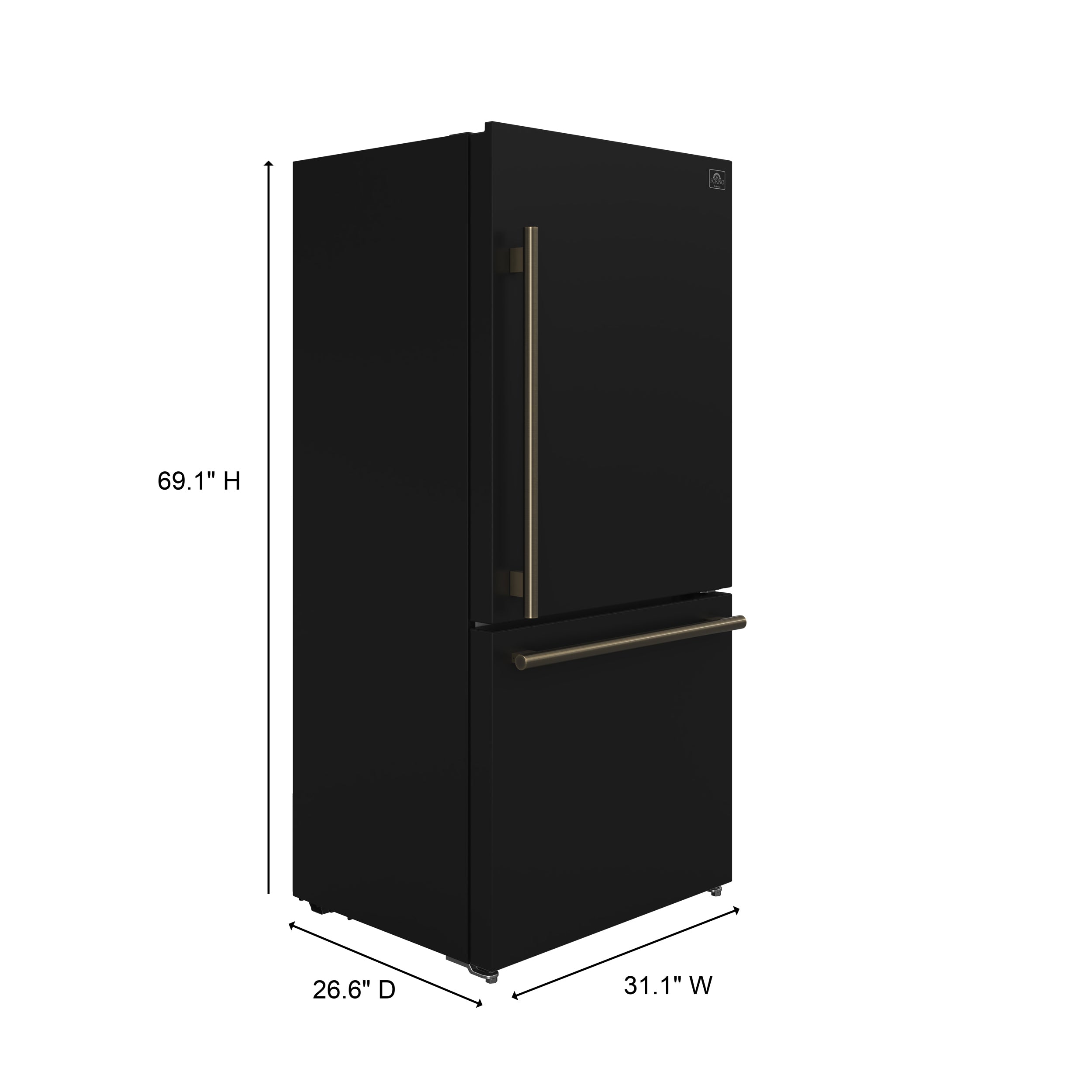 Forno Espresso Milano 31 in. 17.2 cu.ft. Black Right Swing Refrigerator with Bottom Freezer, Ice maker and Antique Brass Handles | FFFFD1785-31BLK