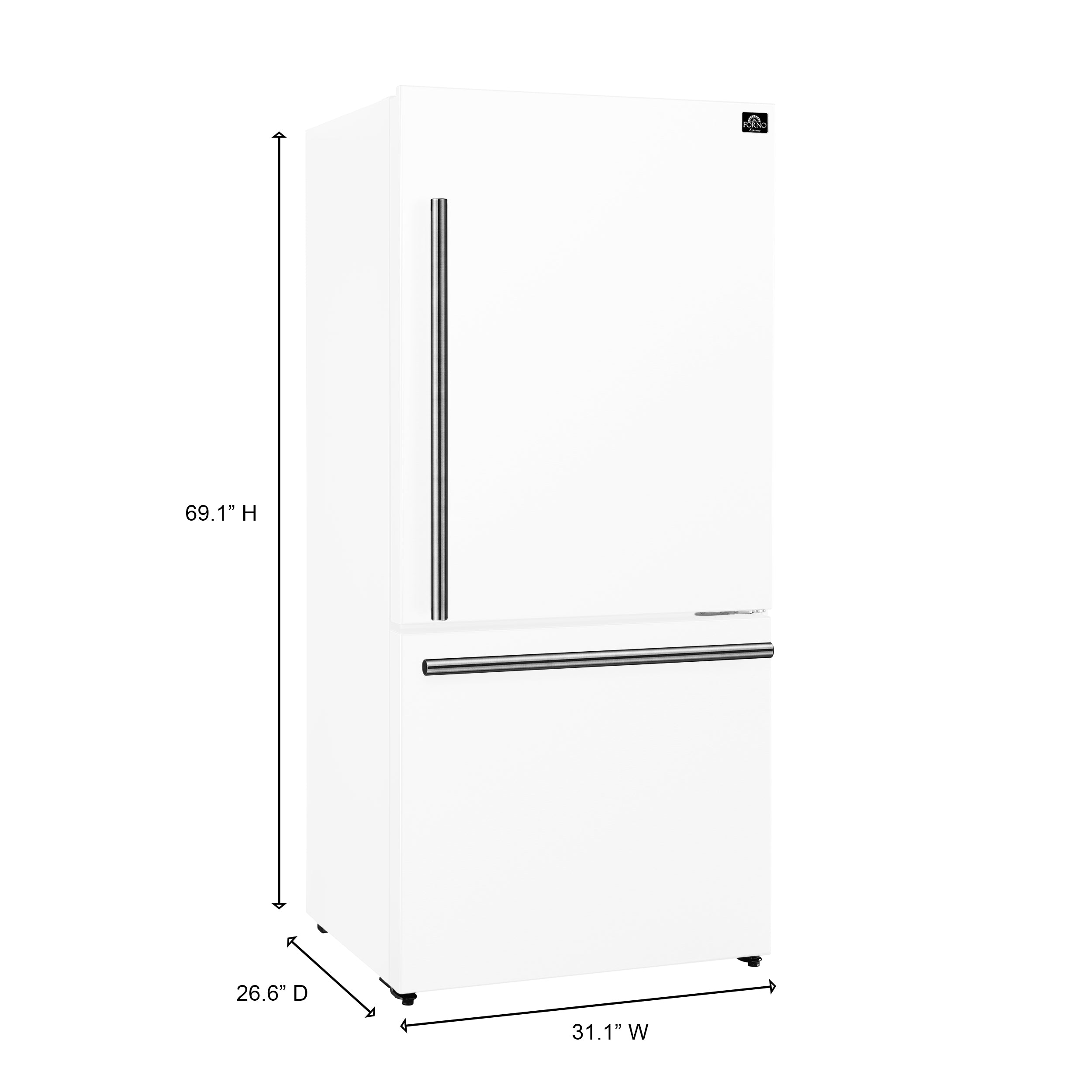 Forno Espresso Milano 31 in. 17.2 cu.ft. White Right Swing Refrigerator with Bottom Freezer, Ice Maker and Antique Brass Handles | FFFFD1785-31WHT